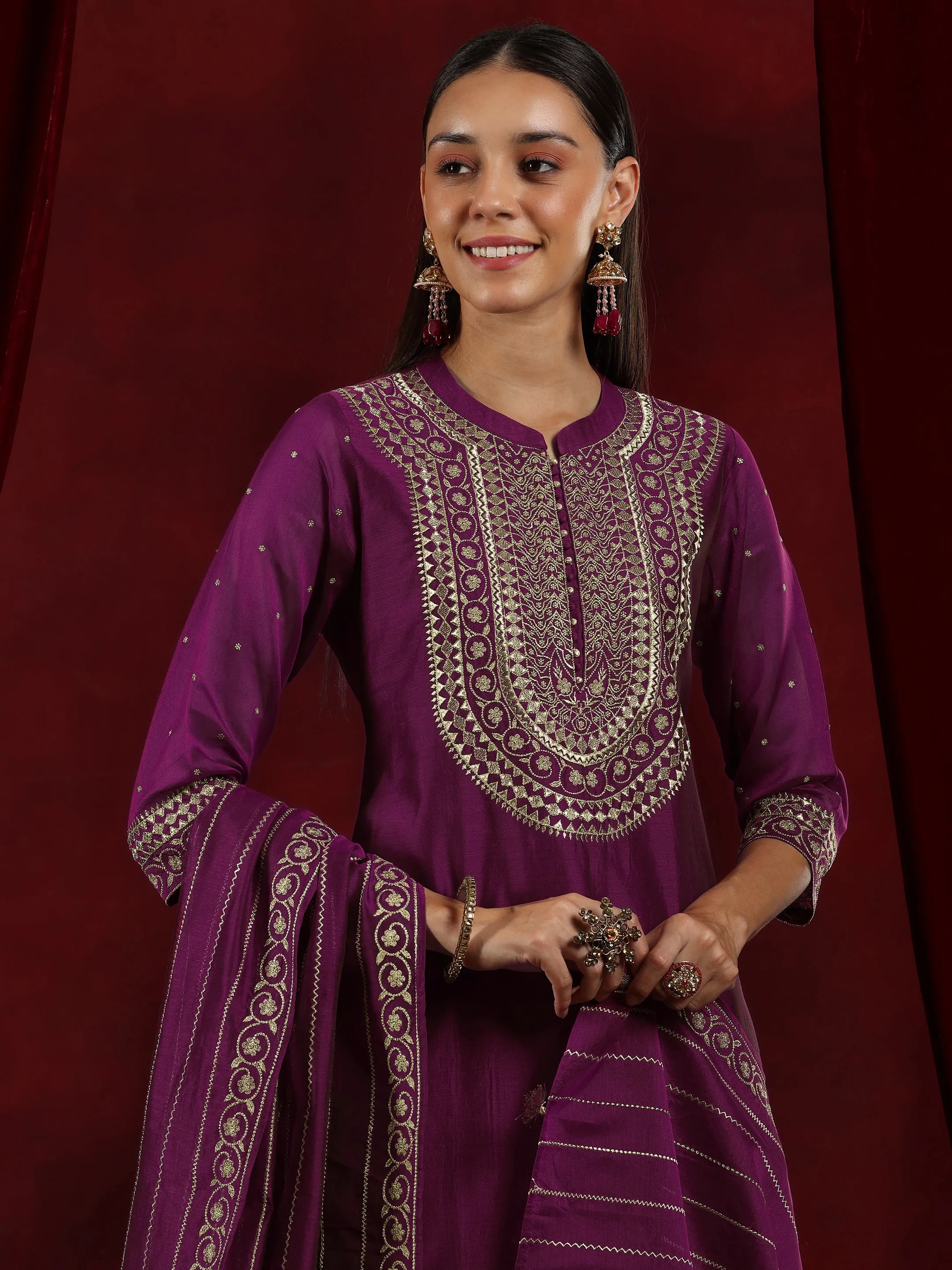 Jashvi Art Wine Yoke Design Chanderi Silk Straight Suit With Dupatta