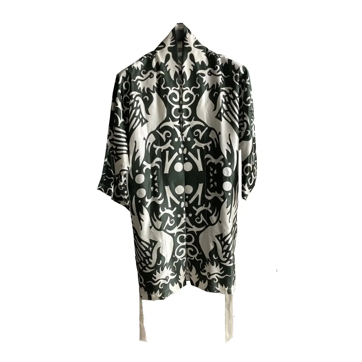 Kimono Silk Robe - Phoenix Green and White