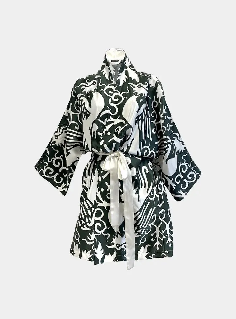 Kimono Silk Robe - Phoenix Green and White