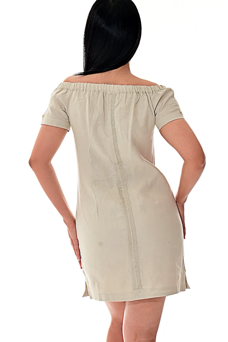 Ladies 100% Soft Linen Traditional (4) Pocket Guayabera Dress in (5) Colors - LLGD3011