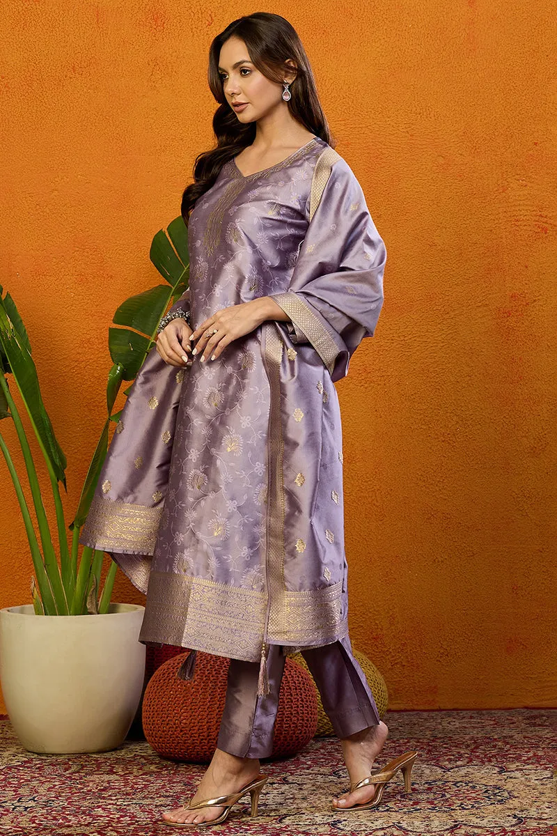 Lavender Silk Blend Ethnic Motifs Woven Design Straight Suit Set