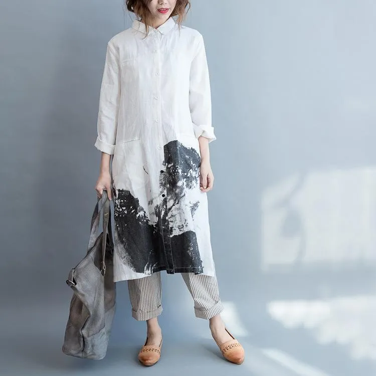 Linen Cotton Loose Long Sleeve Shirt Dress