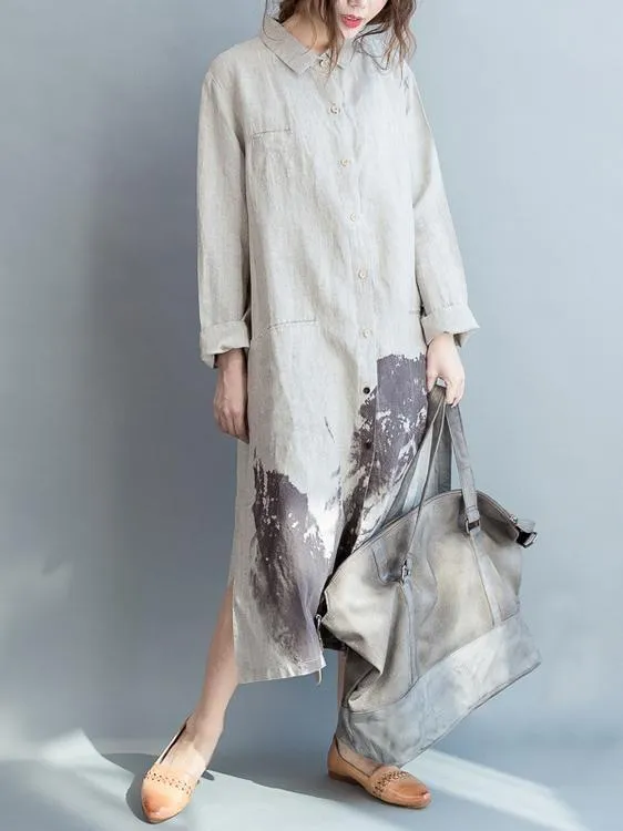 Linen Cotton Loose Long Sleeve Shirt Dress