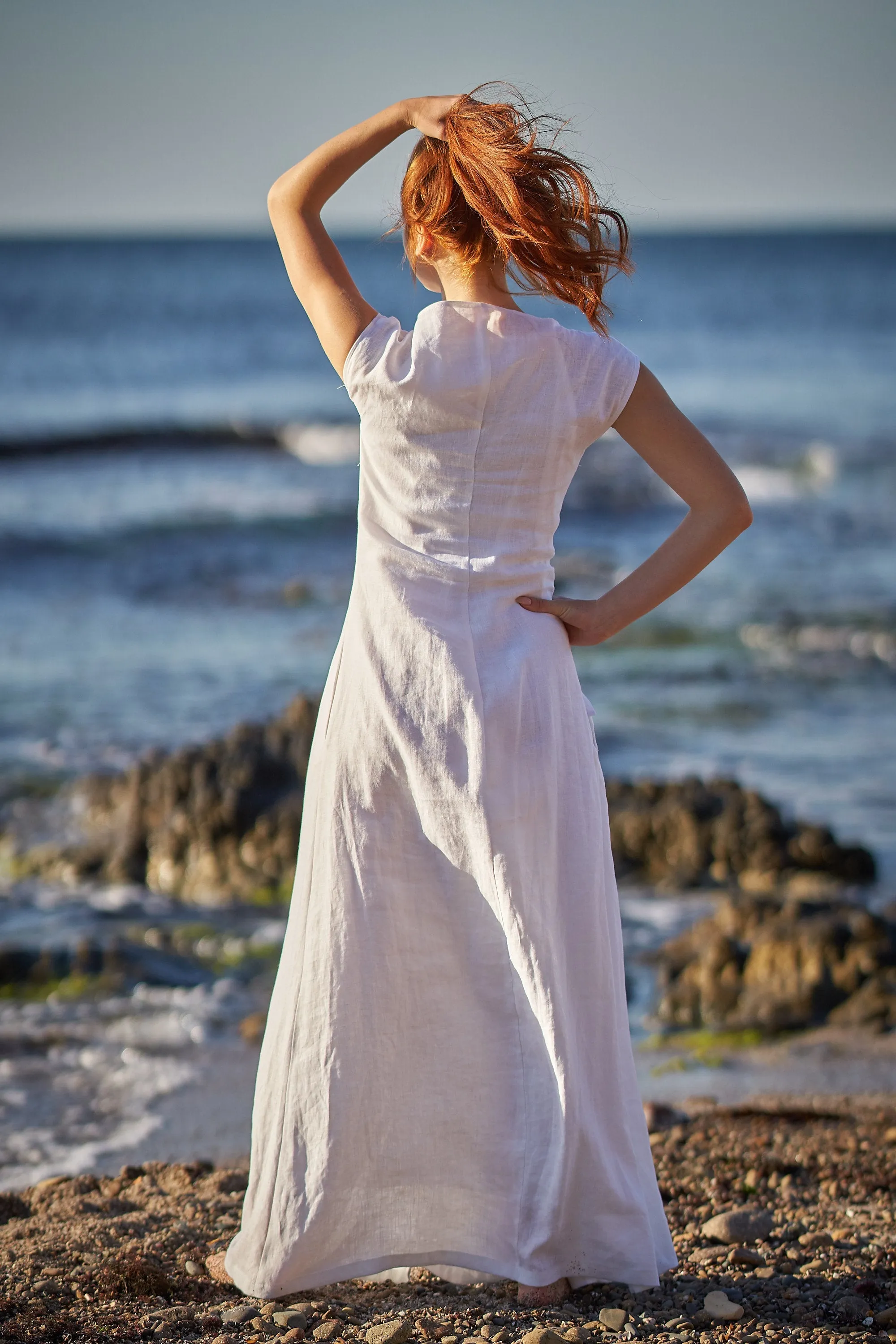 Long Linen Dress with Ruched Waist