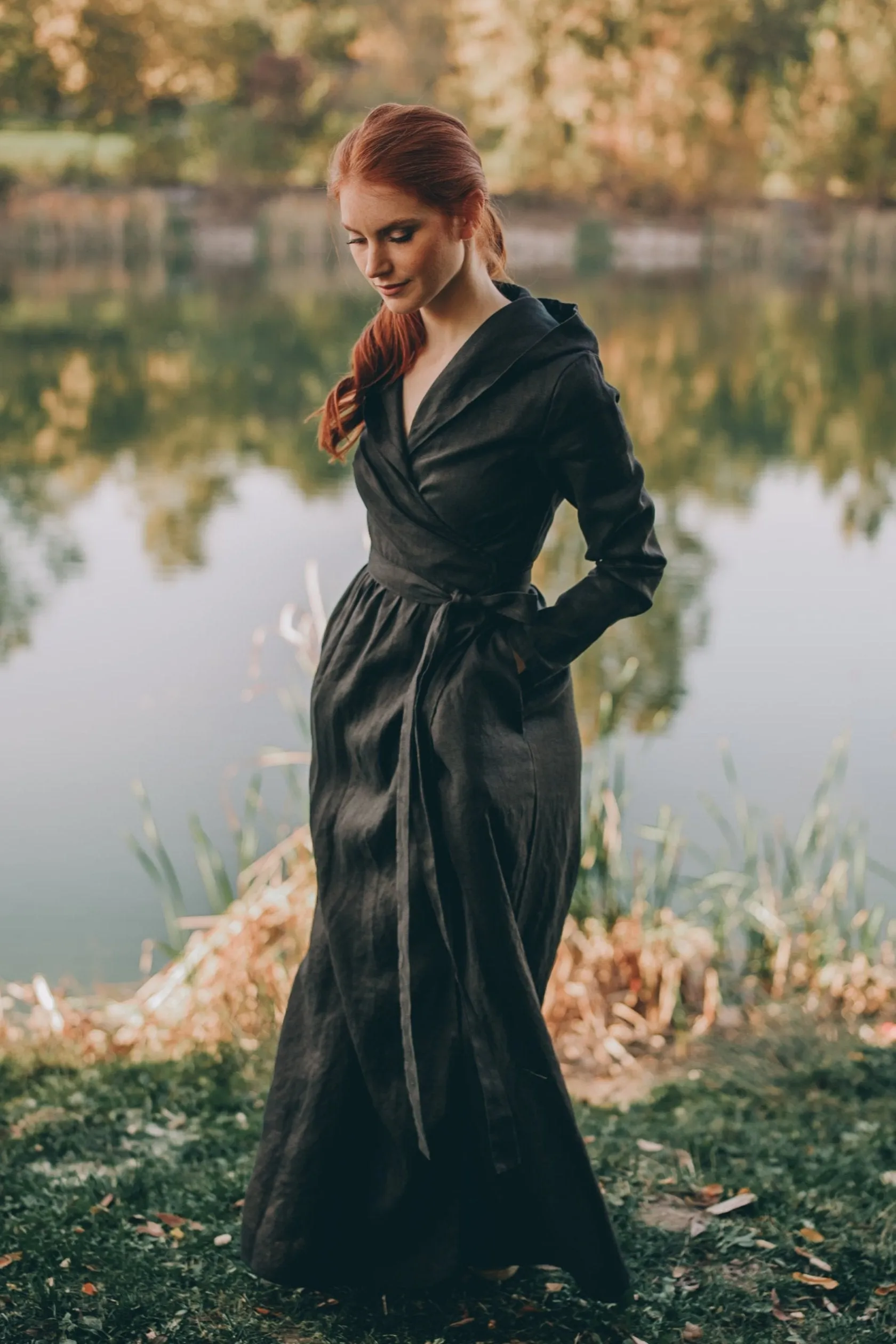 Long Sleeve Linen Wrap Dress with Hood