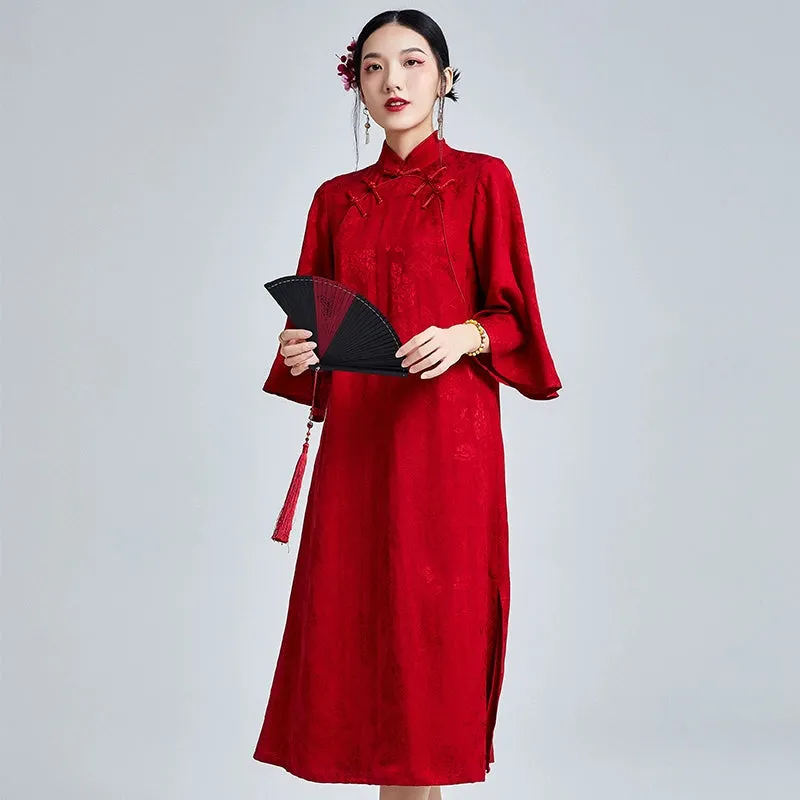 Loose Cheongsam Linen New Chinese Style Dress, Scarlet