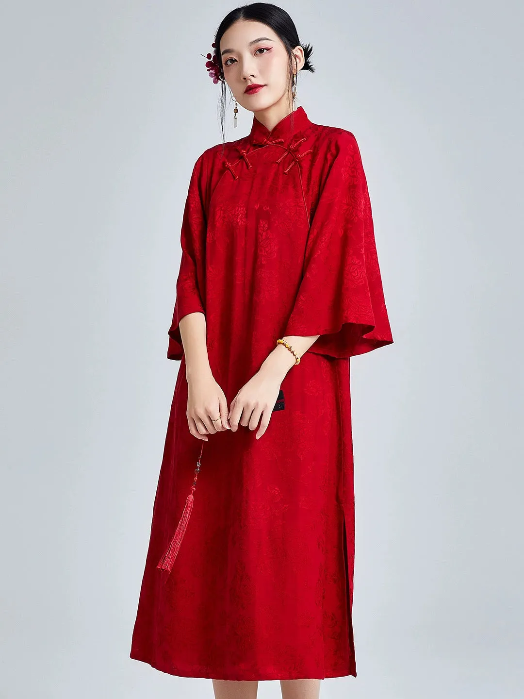 Loose Cheongsam Linen New Chinese Style Dress, Scarlet