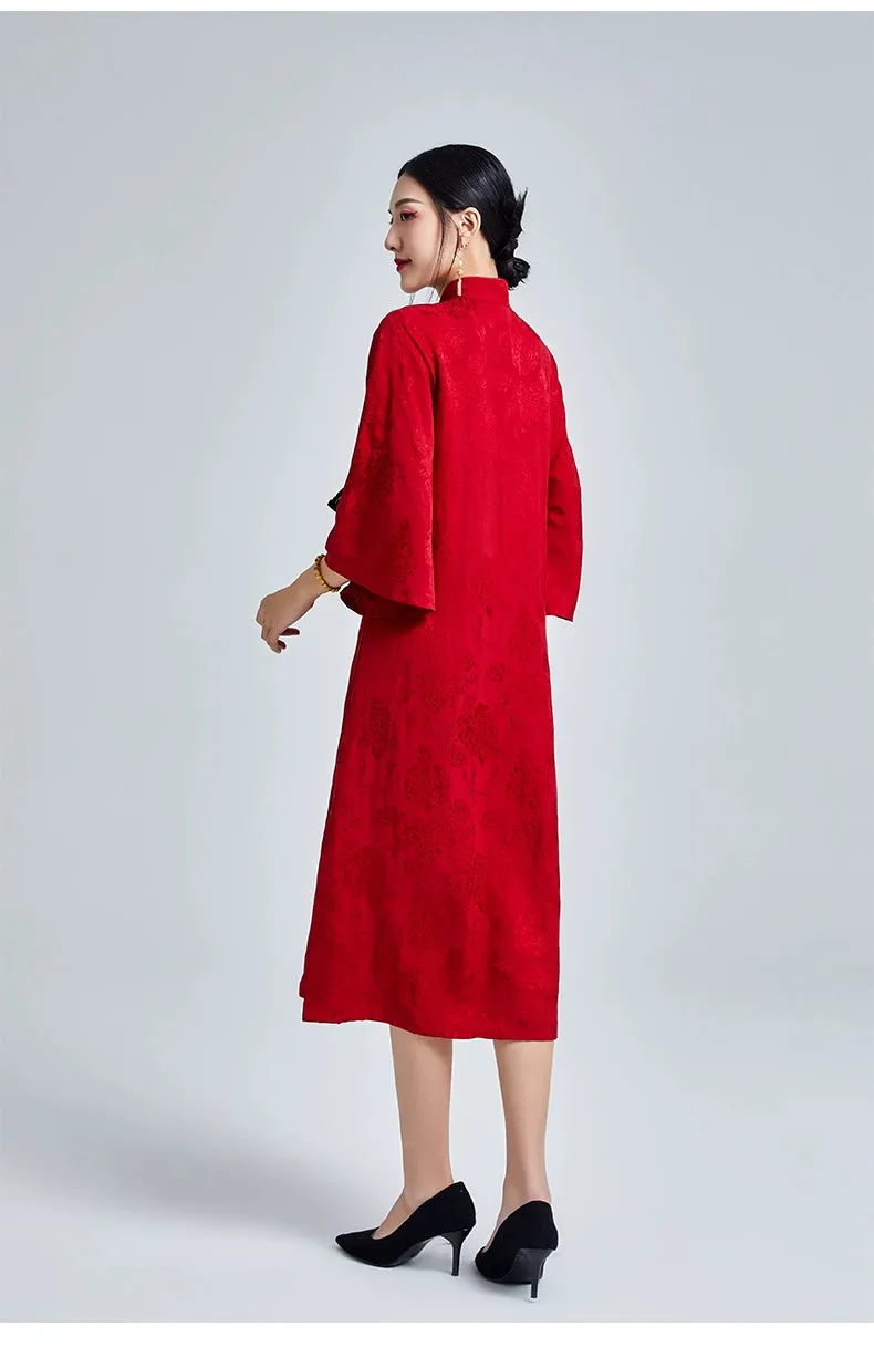 Loose Cheongsam Linen New Chinese Style Dress, Scarlet