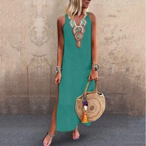 Loose Cotton And Linen Bohemian Sexy Sleeveless V Neck Side Slit Dress Women