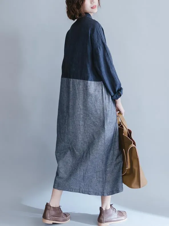 Loose Linen Cotton Pockets Button Casual Dress