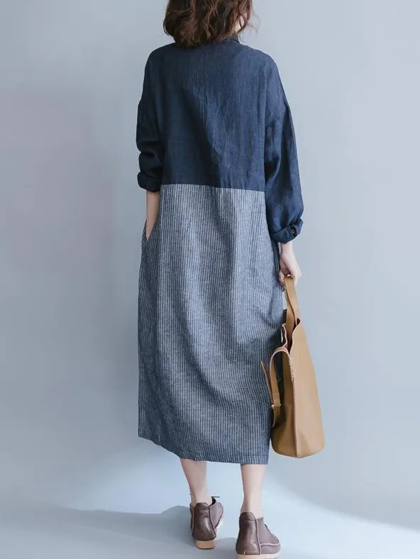 Loose Linen Cotton Pockets Button Casual Dress