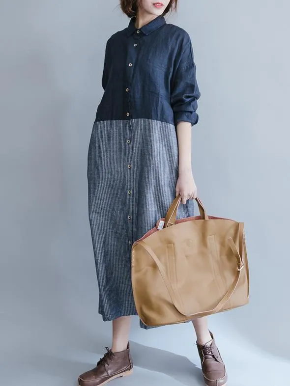 Loose Linen Cotton Pockets Button Casual Dress