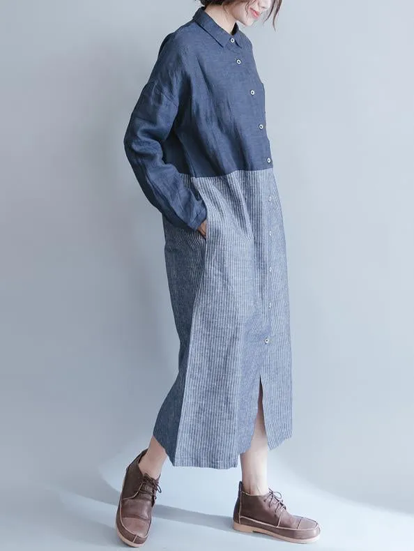 Loose Linen Cotton Pockets Button Casual Dress