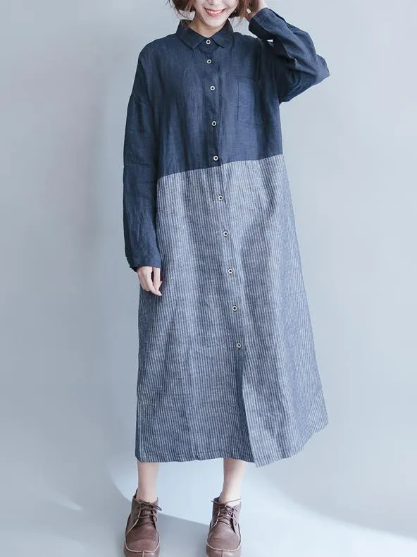 Loose Linen Cotton Pockets Button Casual Dress