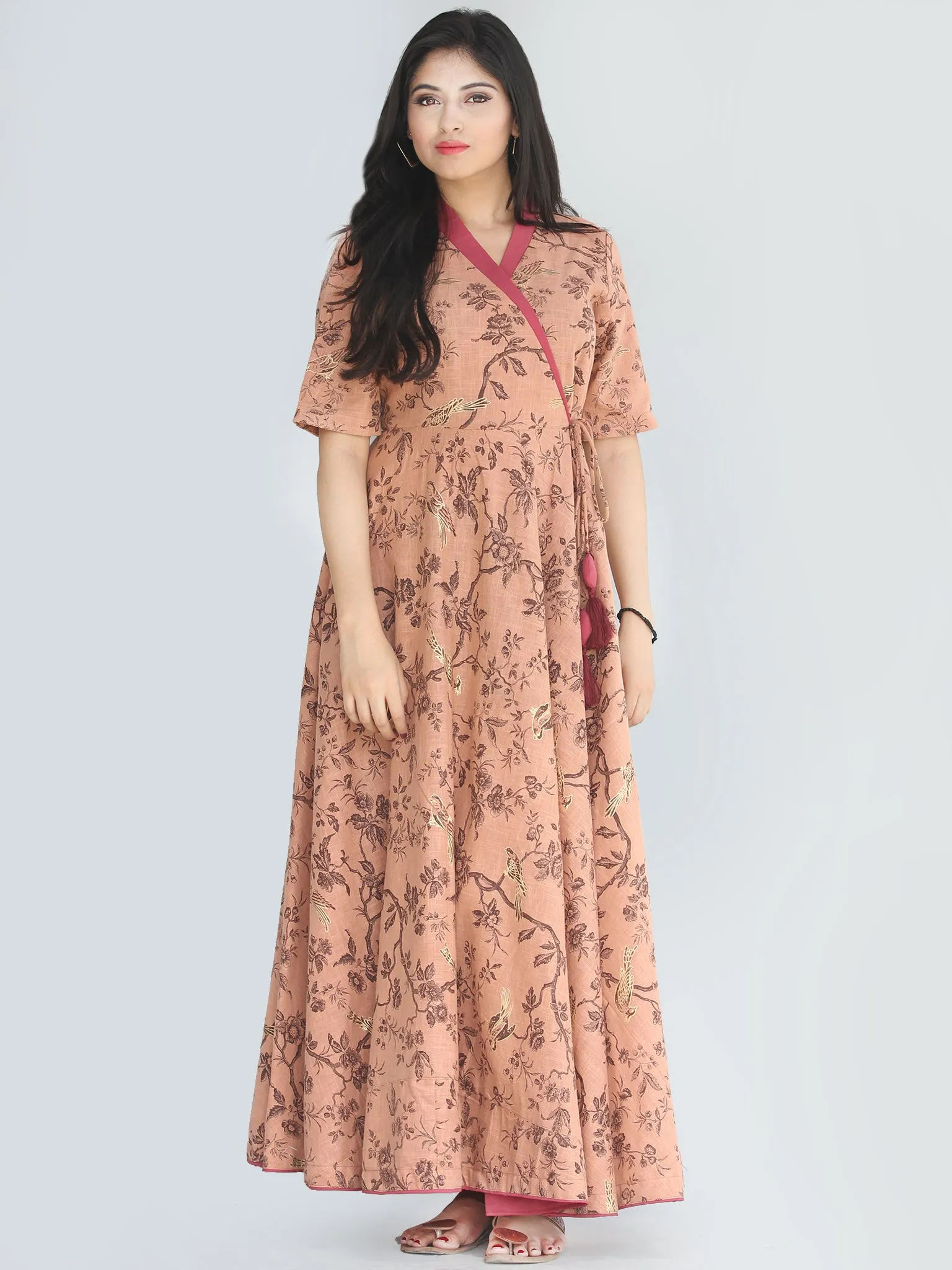 Maheen - Dark Peach Block Printed Urave Cut Long Angrakha Dress - D406F2239