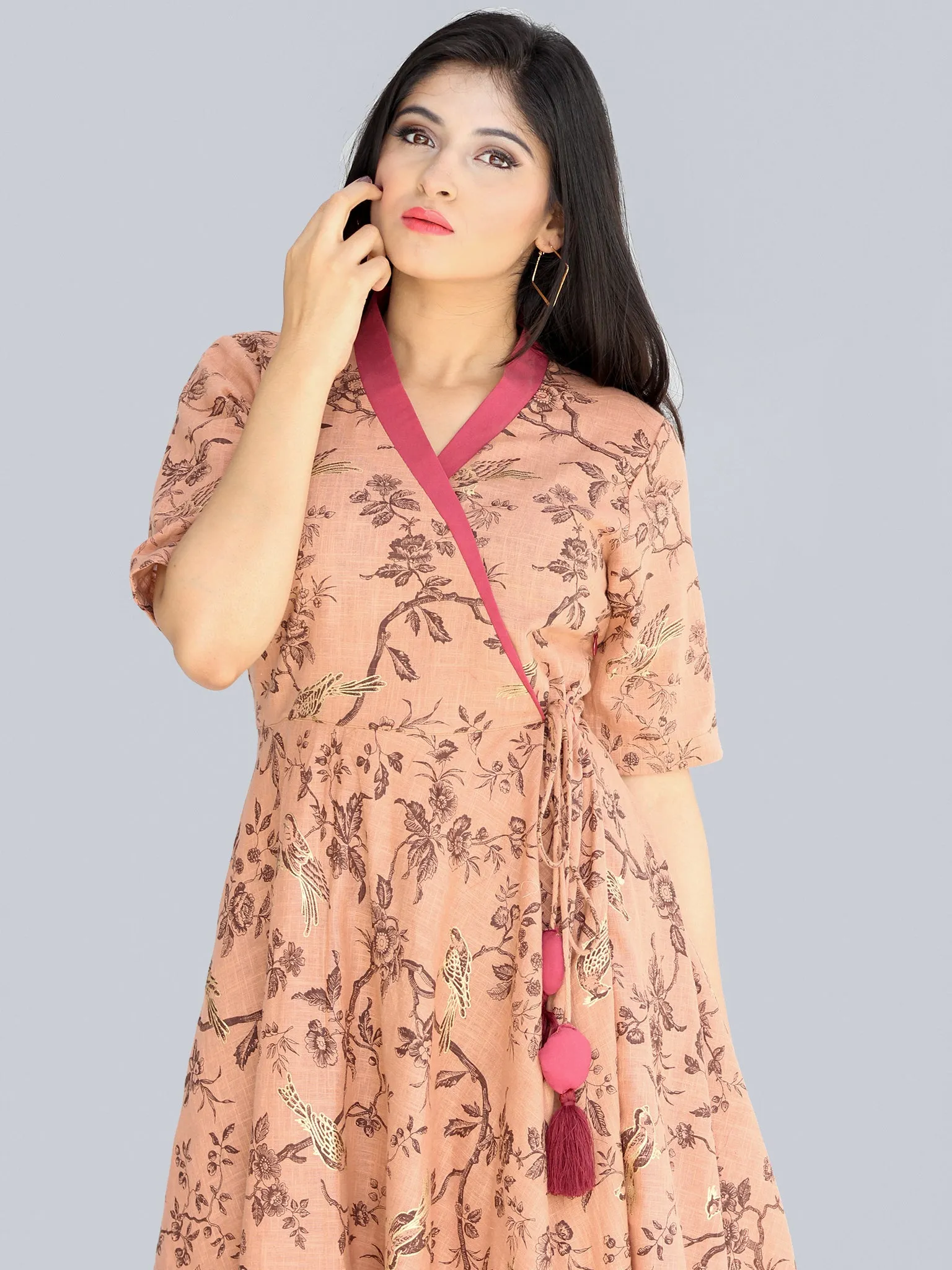 Maheen - Dark Peach Block Printed Urave Cut Long Angrakha Dress - D406F2239