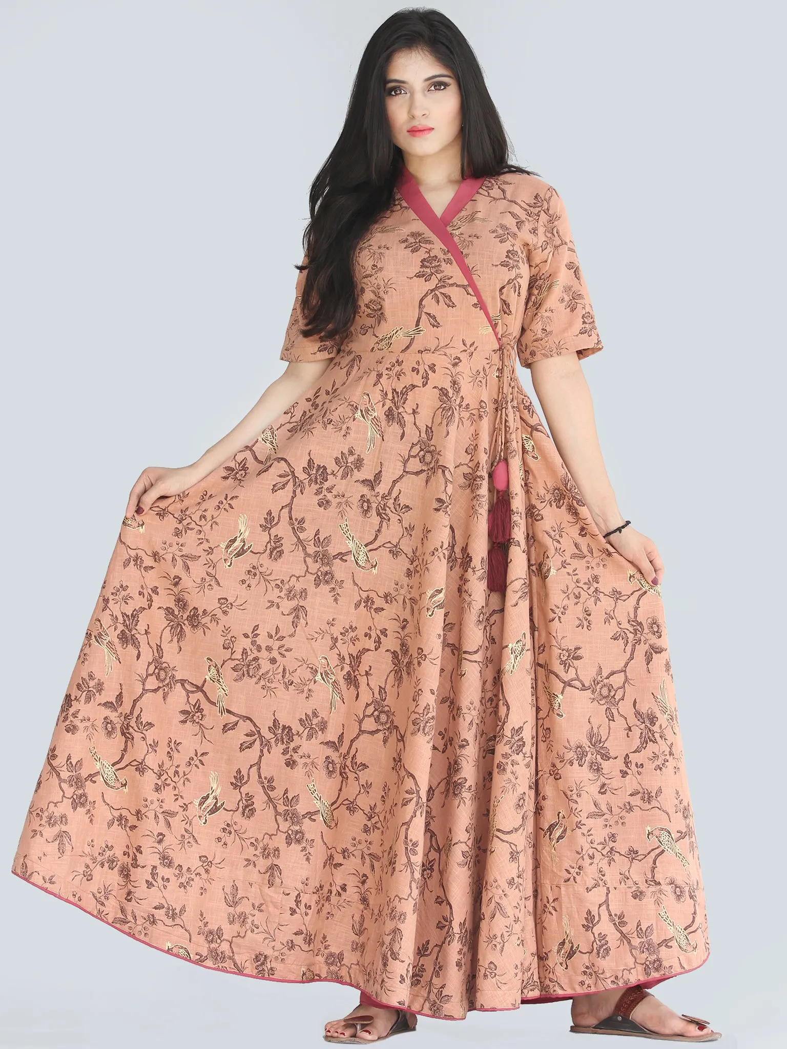 Maheen - Dark Peach Block Printed Urave Cut Long Angrakha Dress - D406F2239