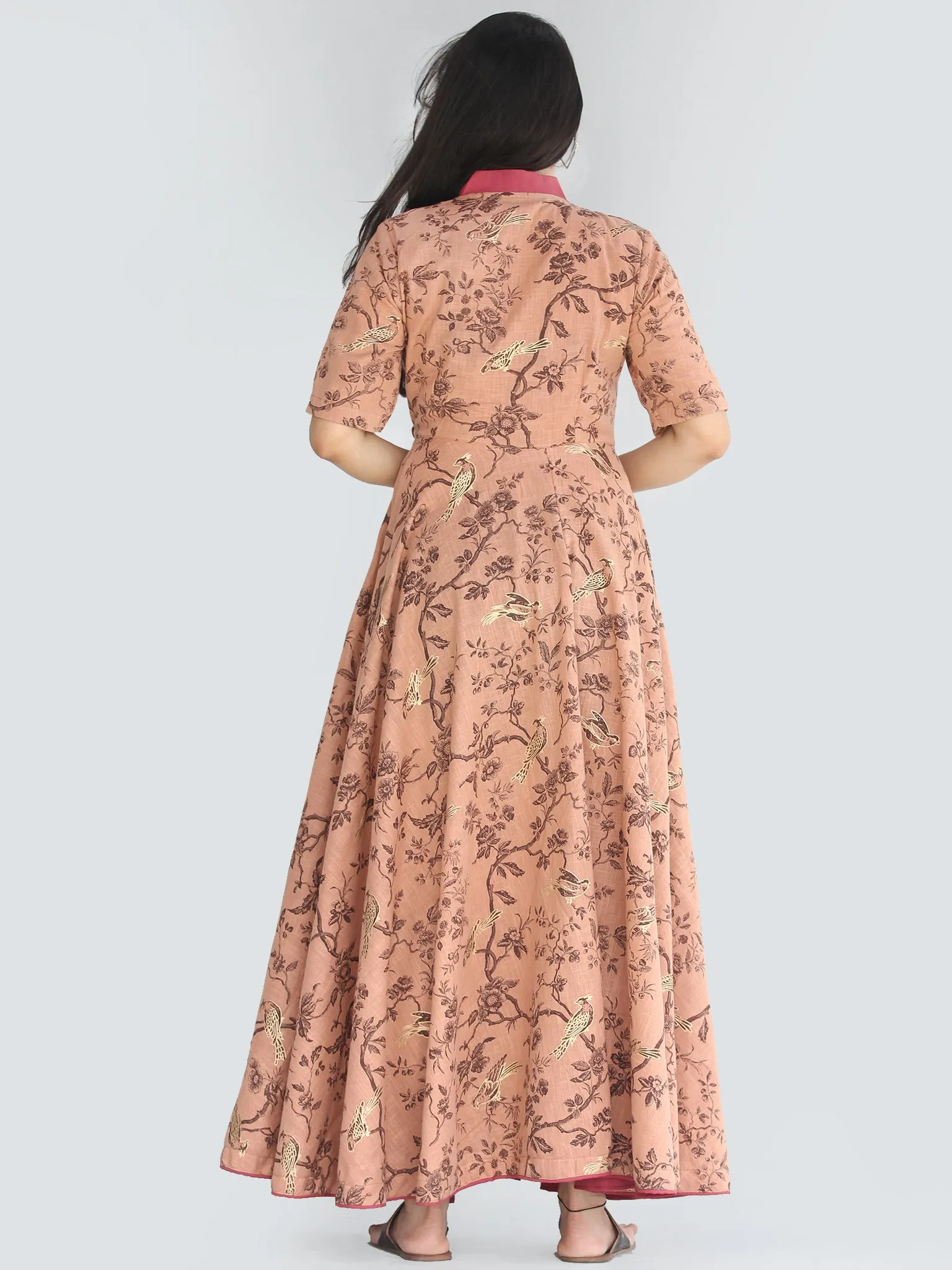 Maheen - Dark Peach Block Printed Urave Cut Long Angrakha Dress - D406F2239