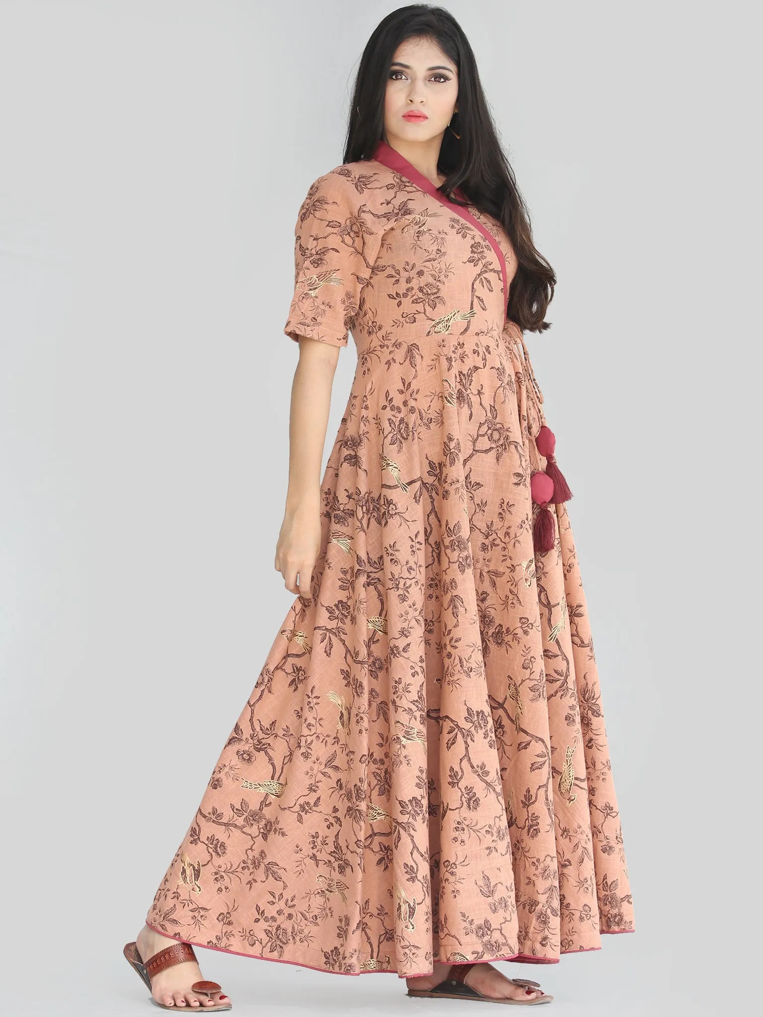 Maheen - Dark Peach Block Printed Urave Cut Long Angrakha Dress - D406F2239