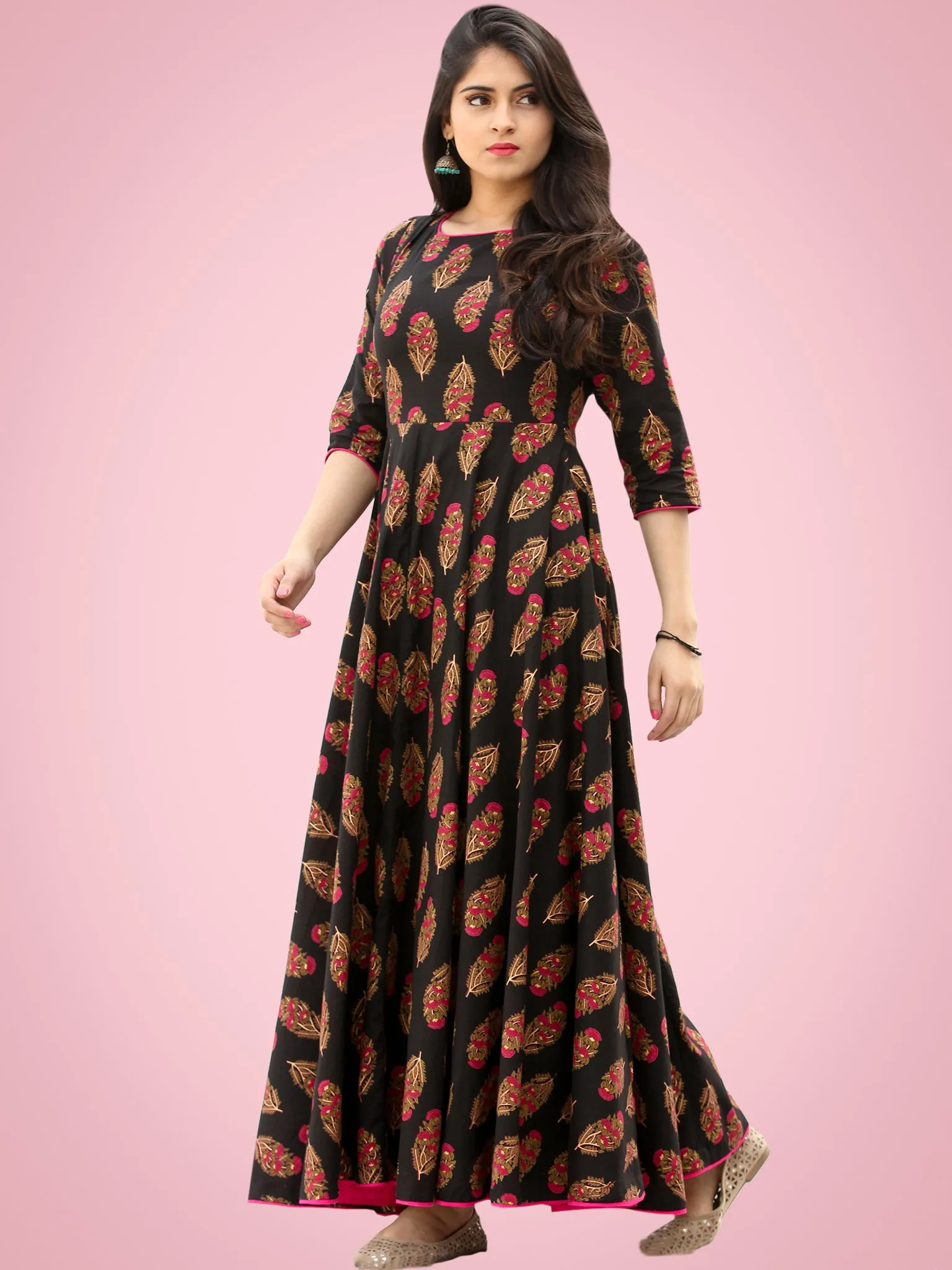 Mahek - Black Pink Block Printed Urave Cut Long Dress With Tie Up Deep Back - D395FXXXX