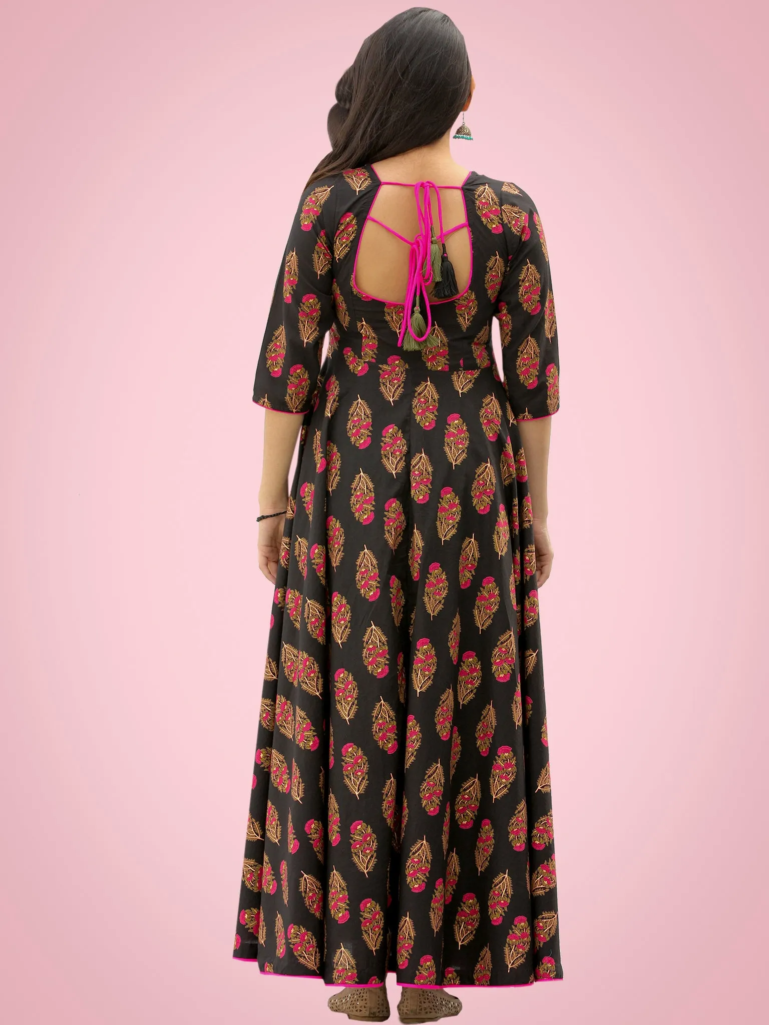 Mahek - Black Pink Block Printed Urave Cut Long Dress With Tie Up Deep Back - D395FXXXX