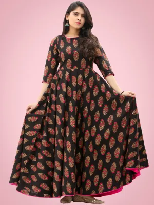 Mahek - Black Pink Block Printed Urave Cut Long Dress With Tie Up Deep Back - D395FXXXX