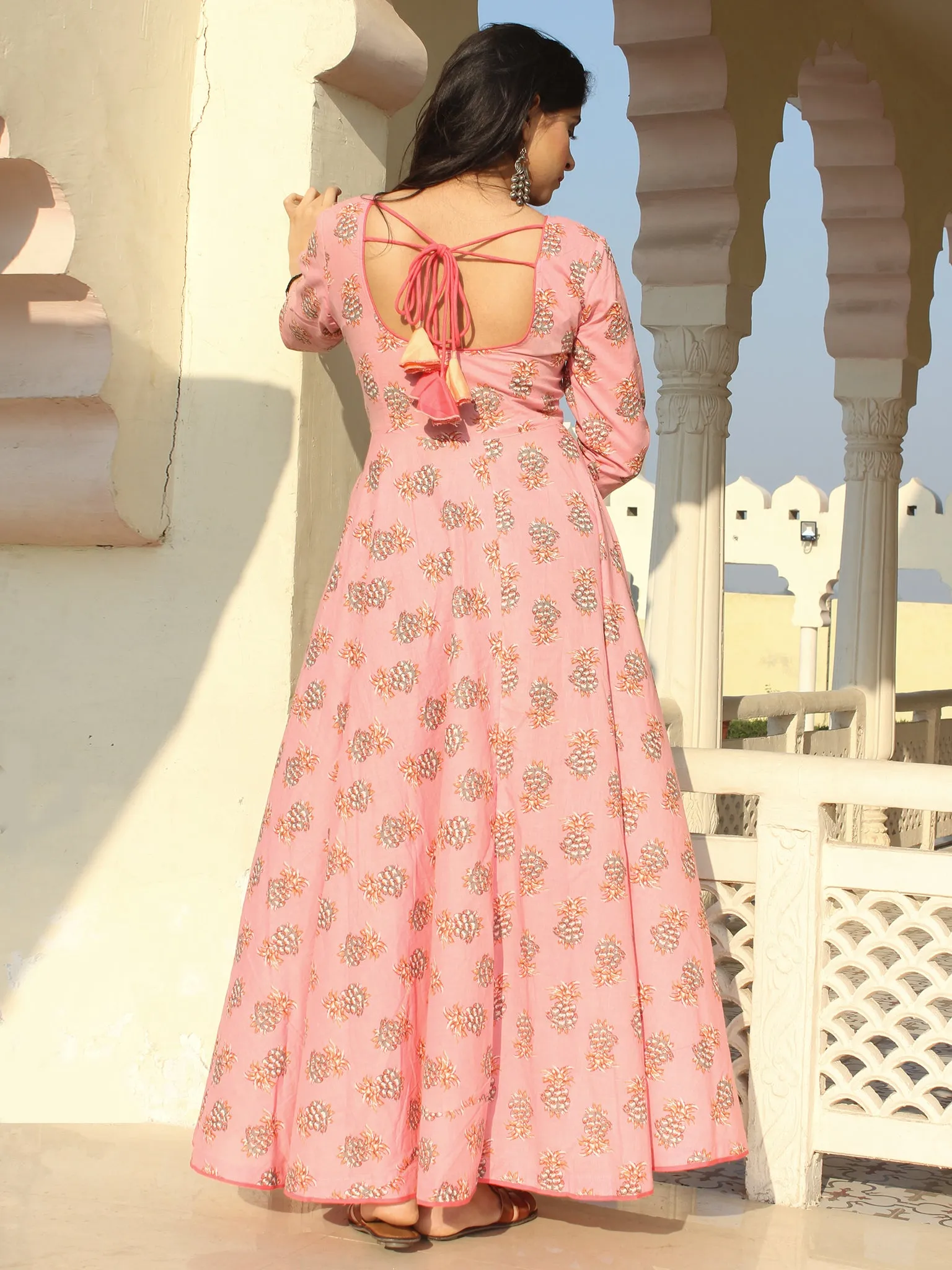 Mahek - Pink Grey Coral Block Printed Urave Cut Long Dress With Tie Up Deep Back - D395F2154