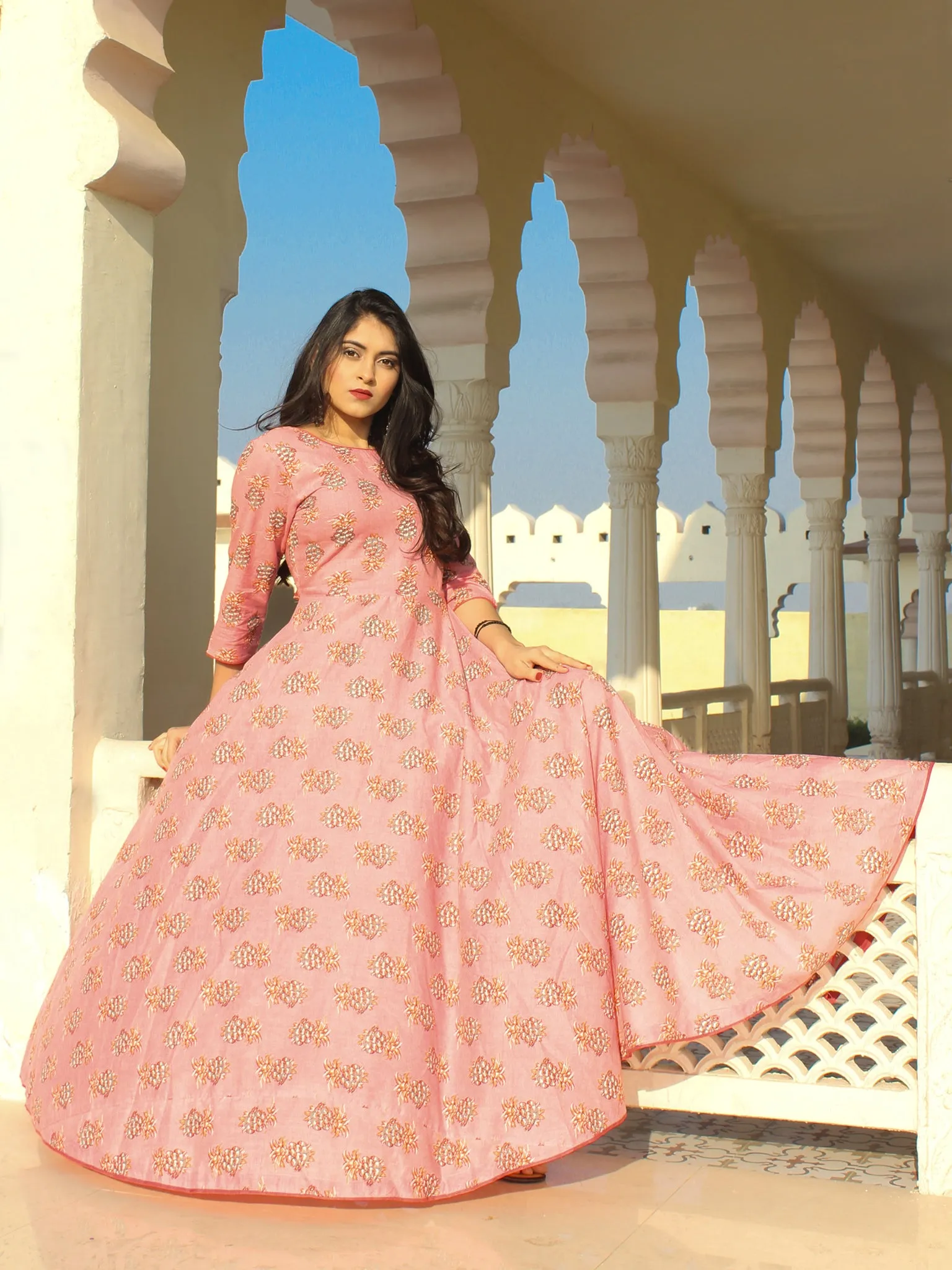 Mahek - Pink Grey Coral Block Printed Urave Cut Long Dress With Tie Up Deep Back - D395F2154