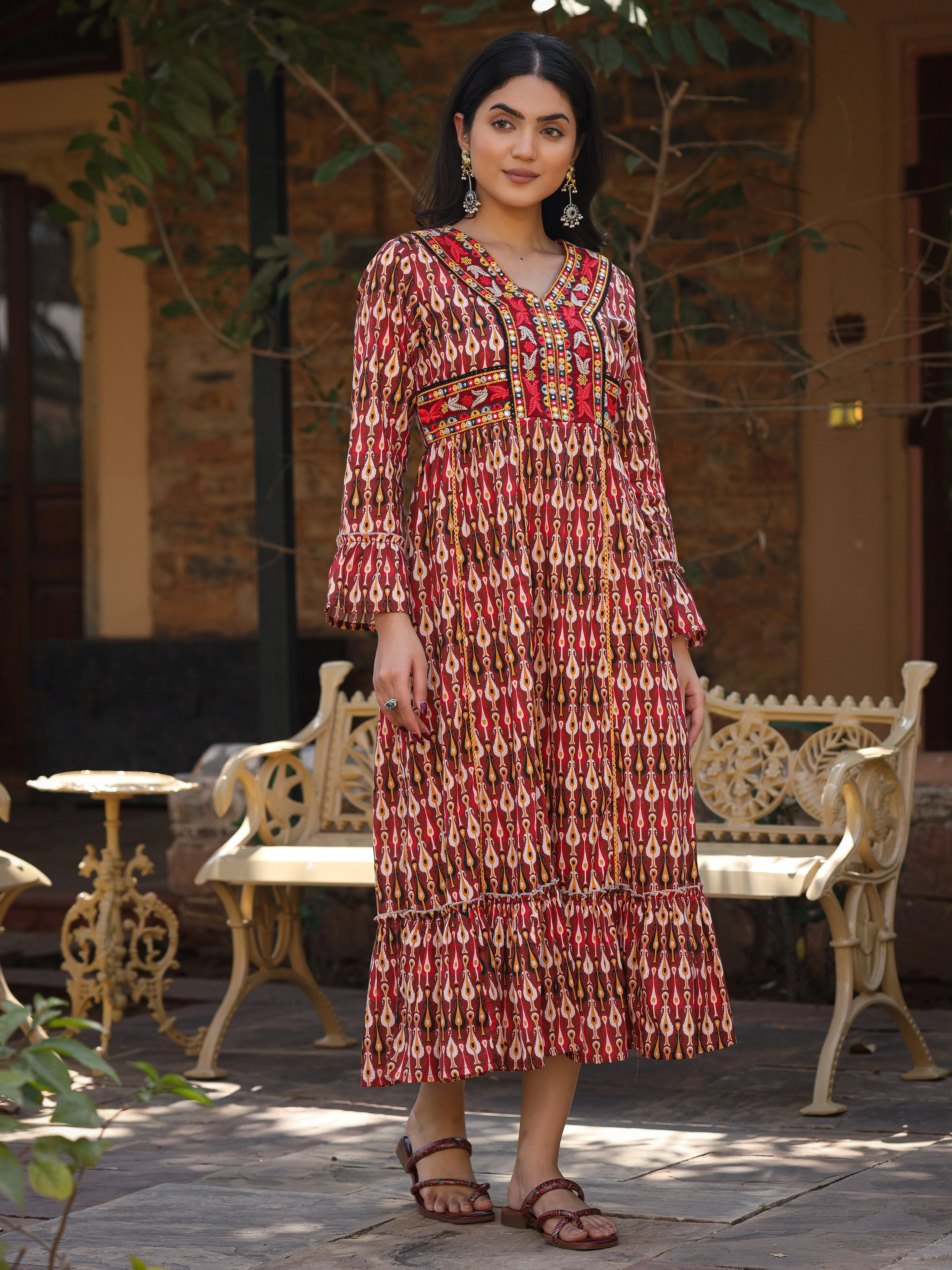 Maroon Ikat Printed Cotton Maxi Dress with Embroidered Neckline