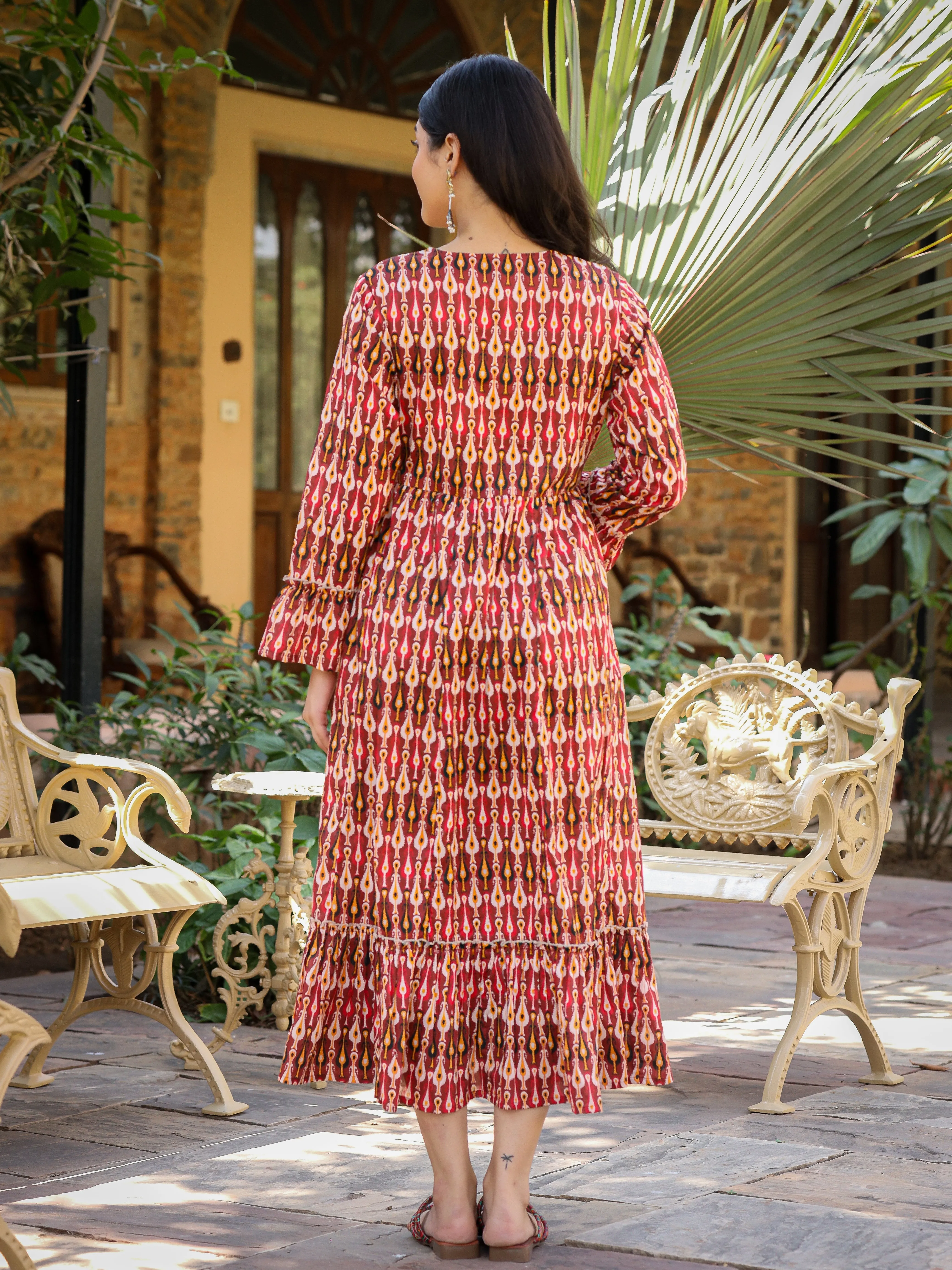 Maroon Ikat Printed Cotton Maxi Dress with Embroidered Neckline