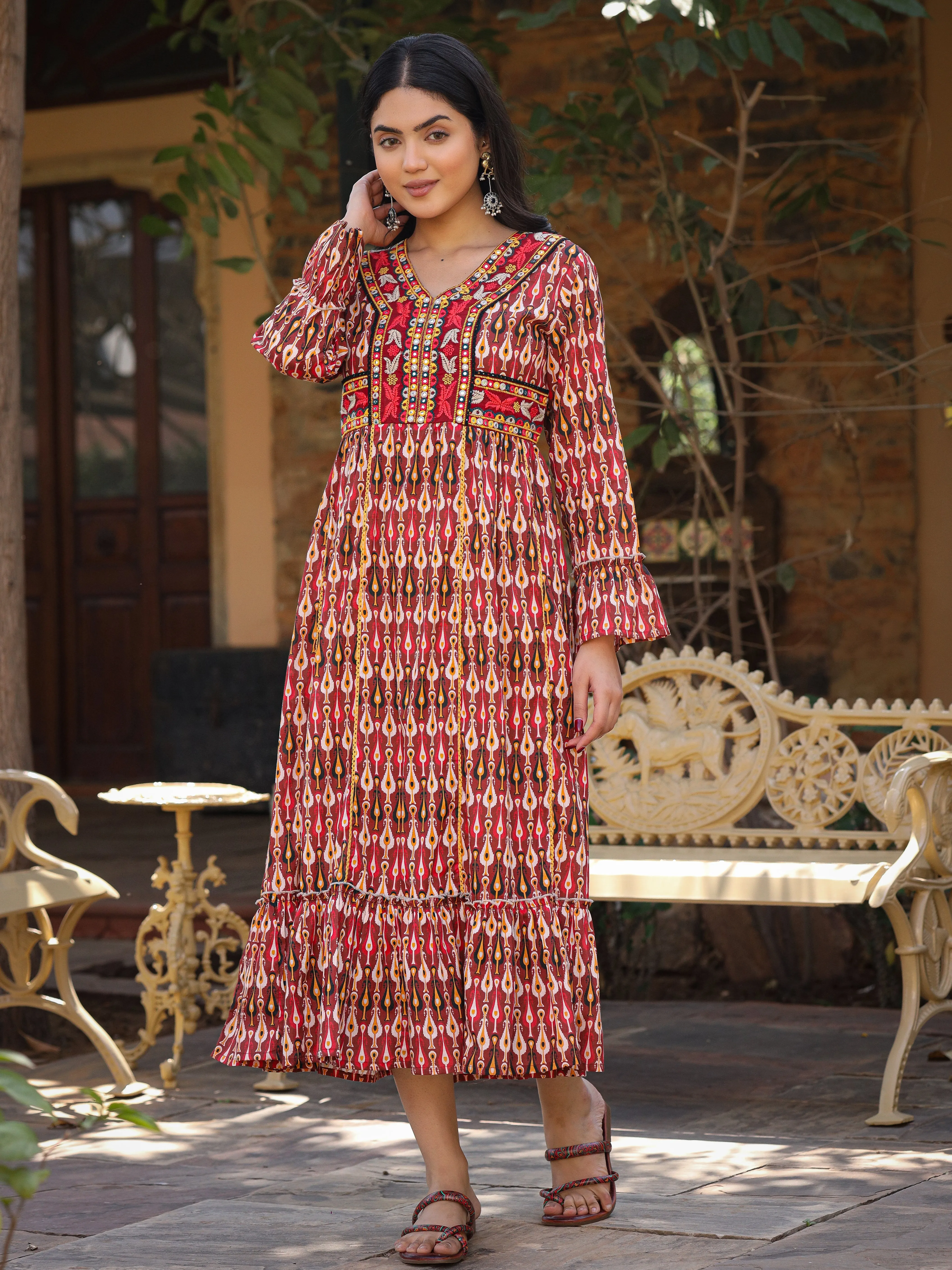 Maroon Ikat Printed Cotton Maxi Dress with Embroidered Neckline