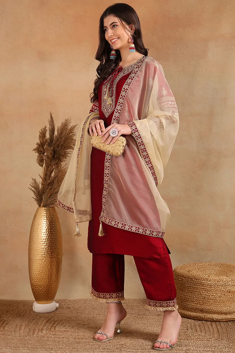 Maroon Silk Blend Solid Embroidered Straight Palazzo Suit Set