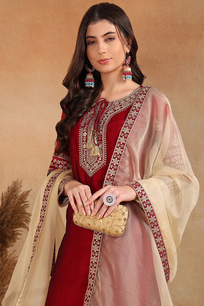 Maroon Silk Blend Solid Embroidered Straight Palazzo Suit Set