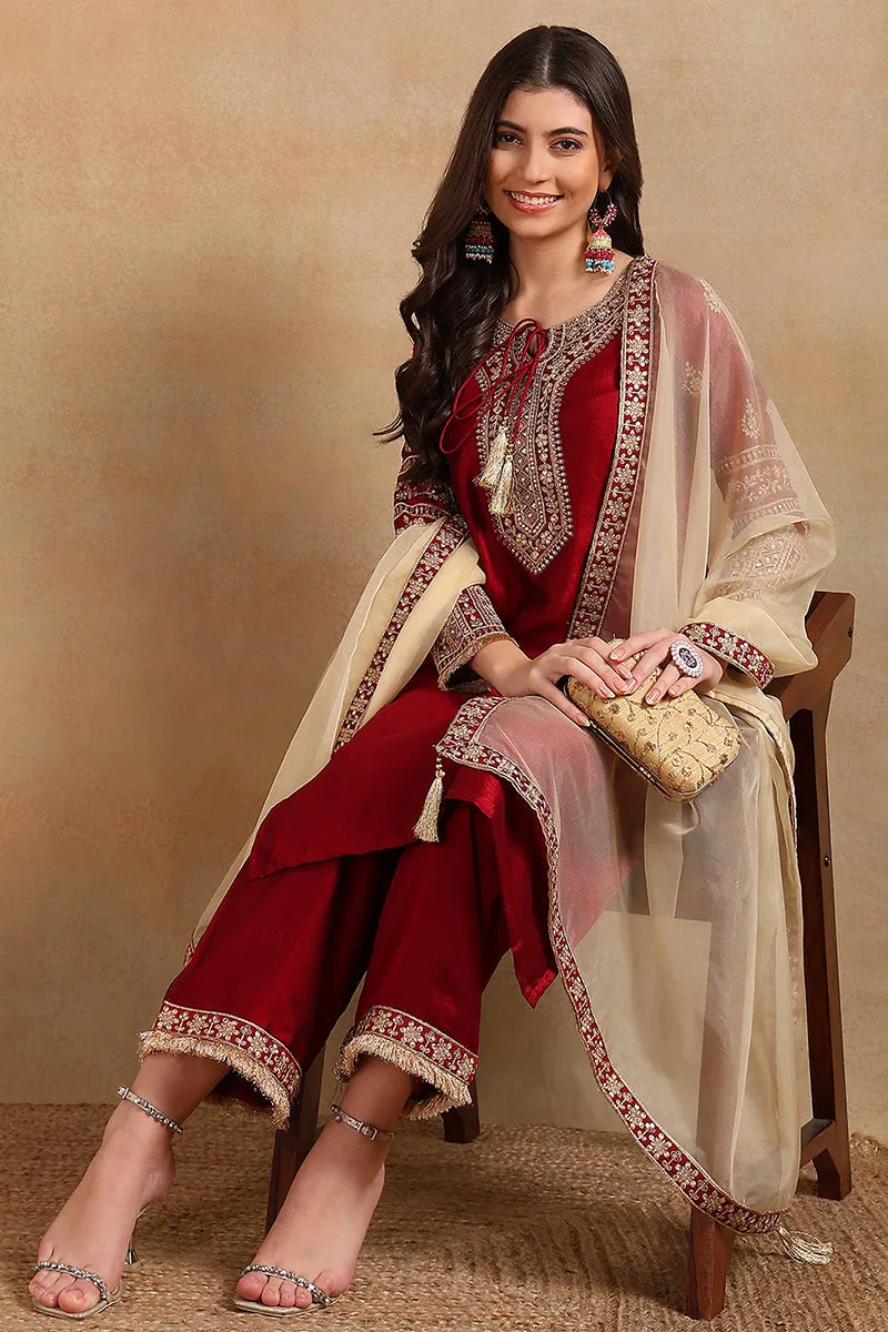 Maroon Silk Blend Solid Embroidered Straight Palazzo Suit Set