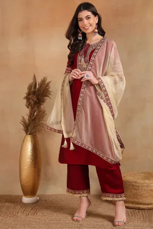 Maroon Silk Blend Solid Embroidered Straight Palazzo Suit Set