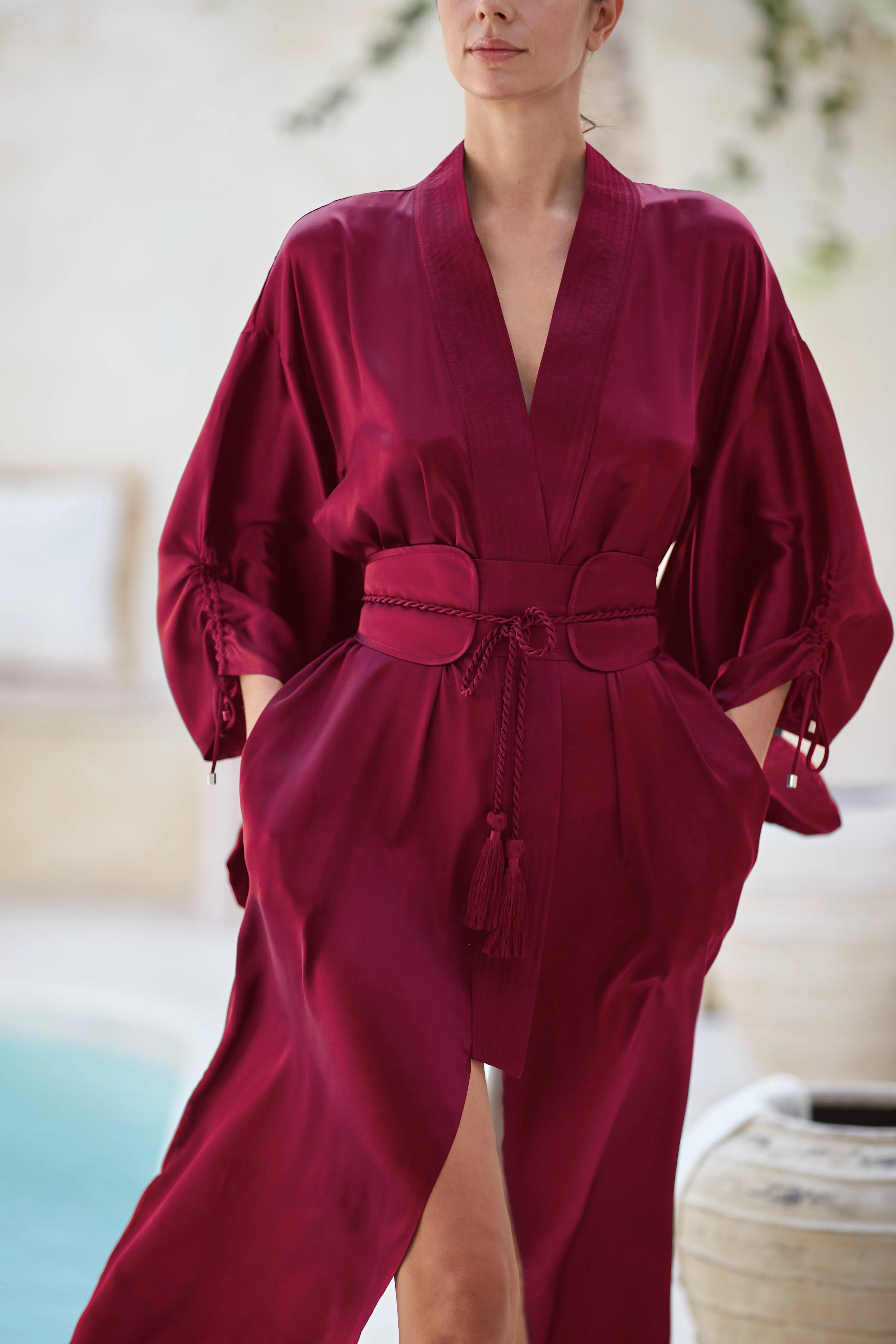 Mineko Long Silk Kimono, Burgundy