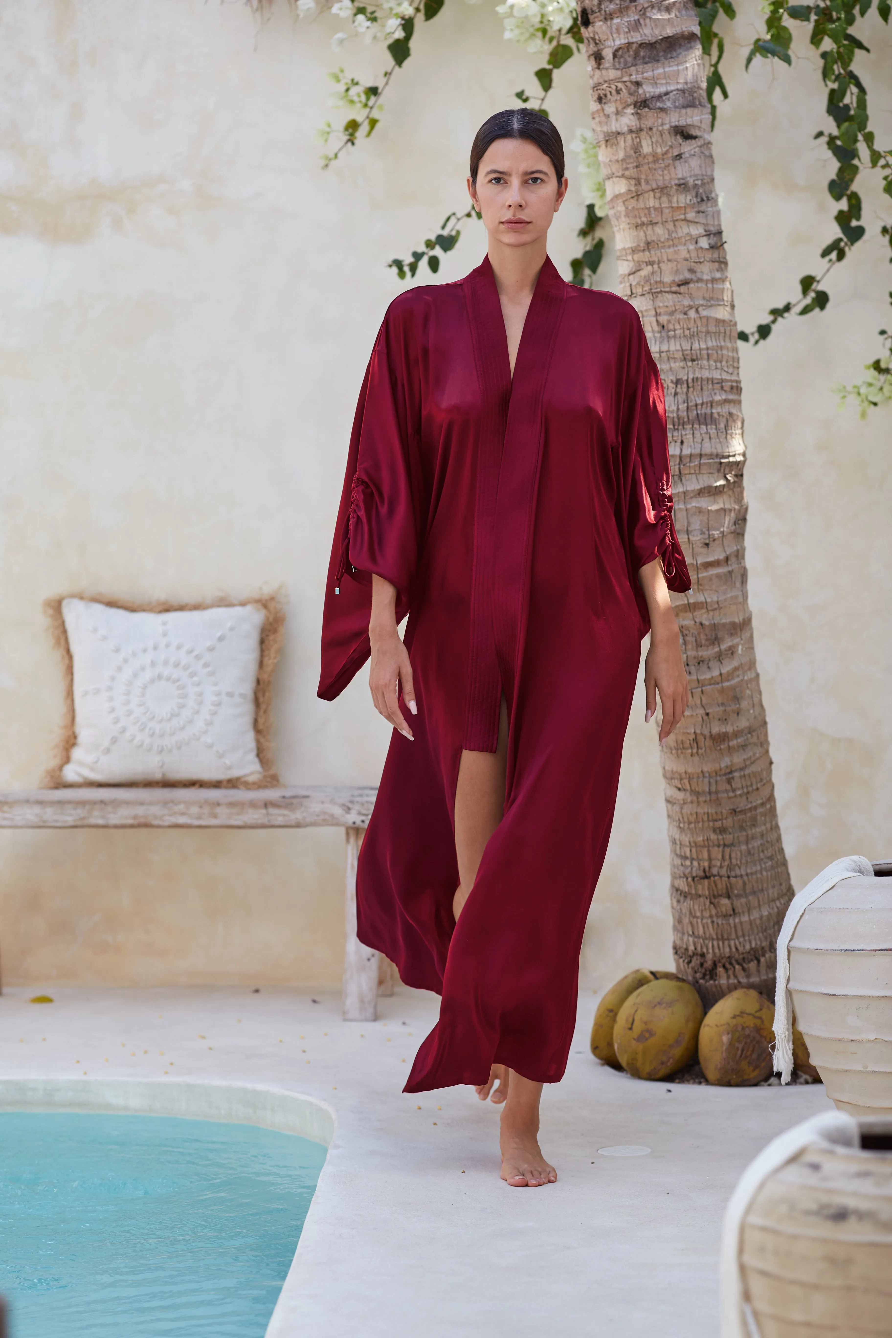 Mineko Long Silk Kimono, Burgundy