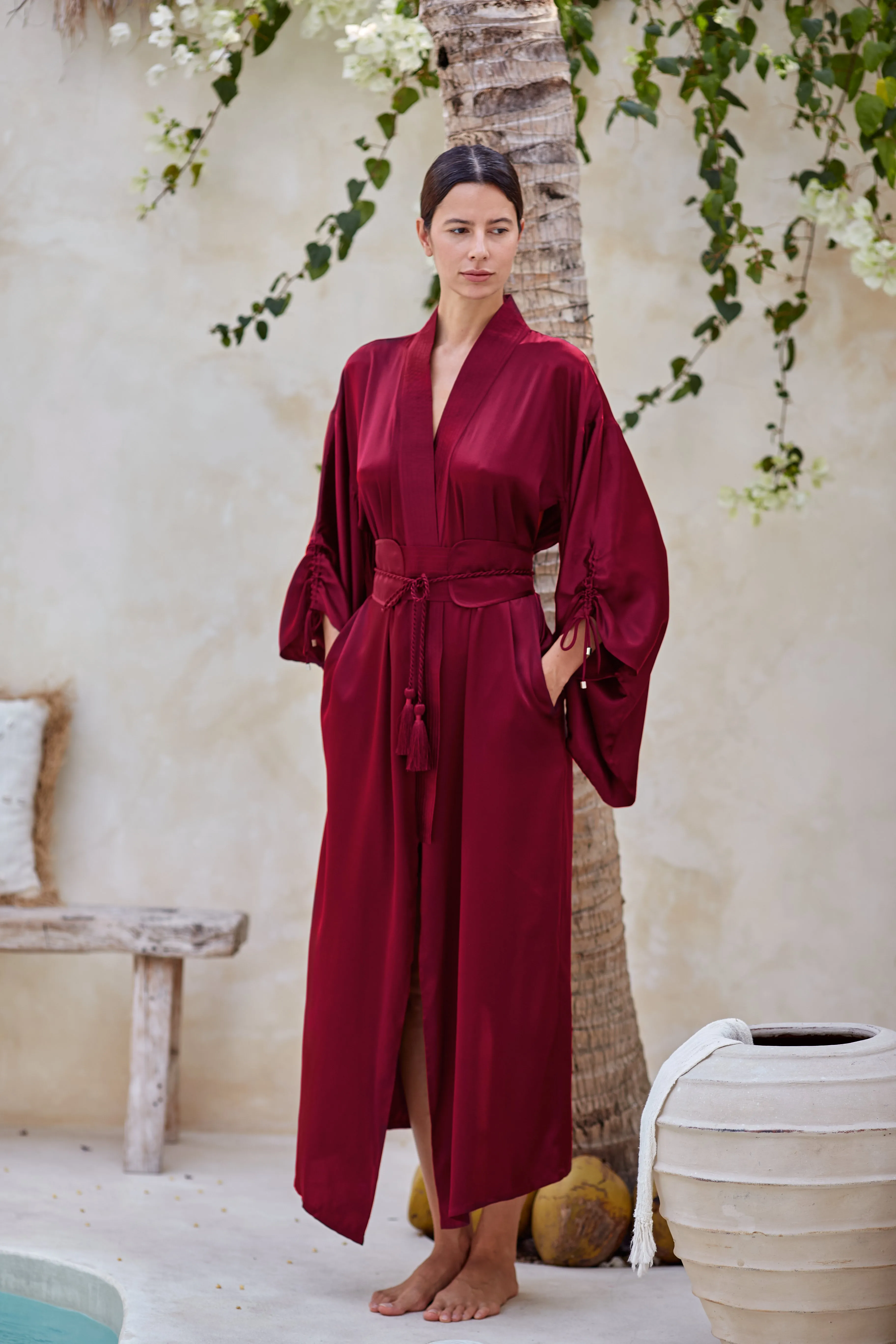 Mineko Long Silk Kimono, Burgundy