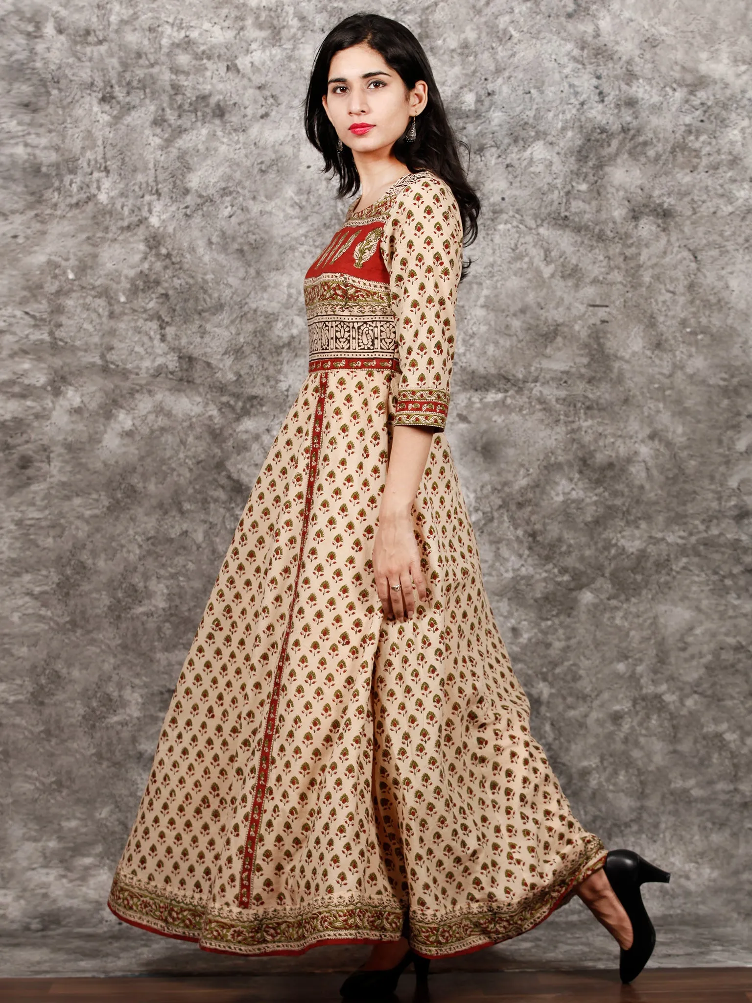 Naaz Aayna - Beige Rust Green Black Hand Block Printed Long Cotton Kali Dress With Full Lining - DS57F001