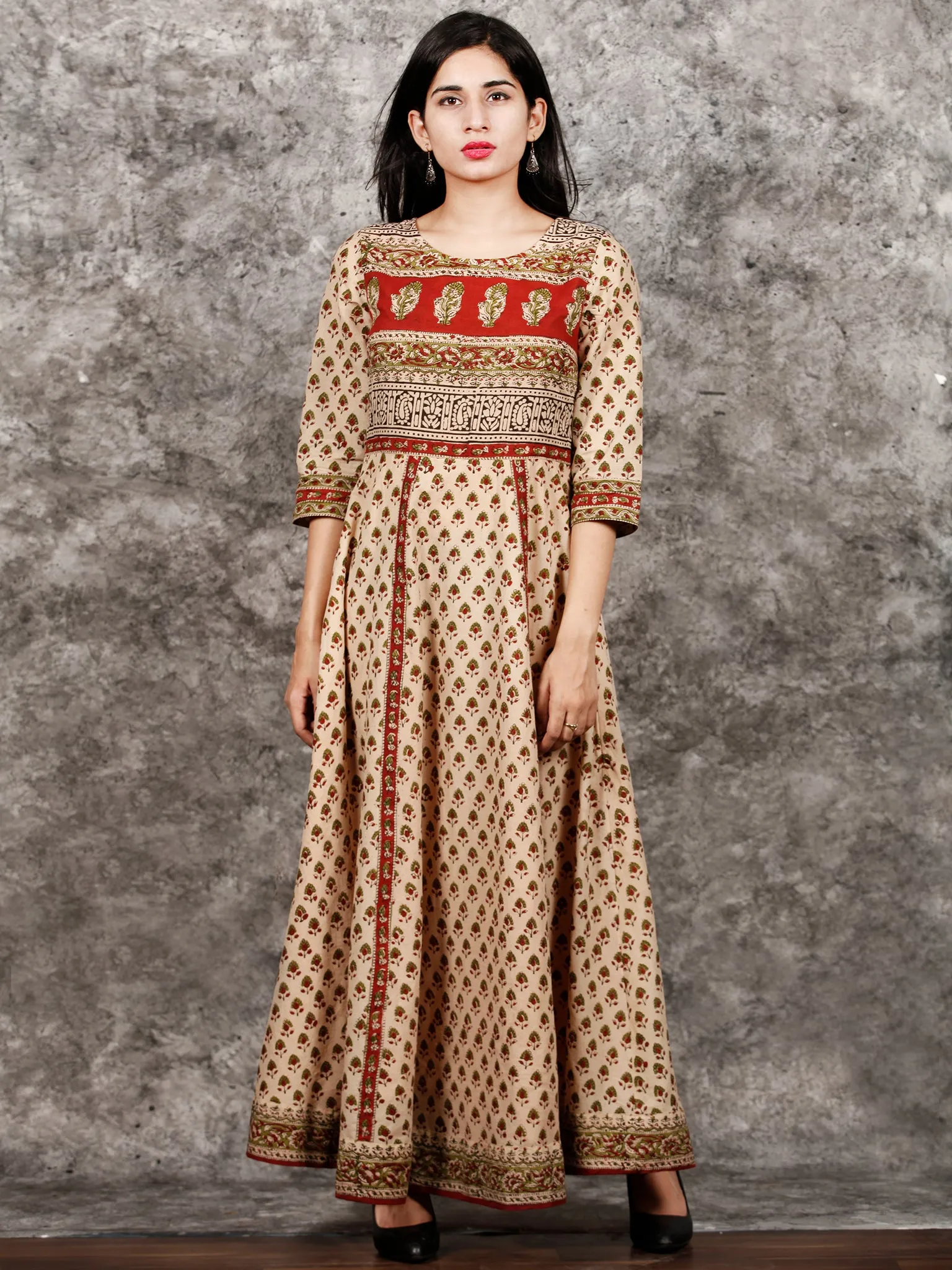 Naaz Aayna - Beige Rust Green Black Hand Block Printed Long Cotton Kali Dress With Full Lining - DS57F001