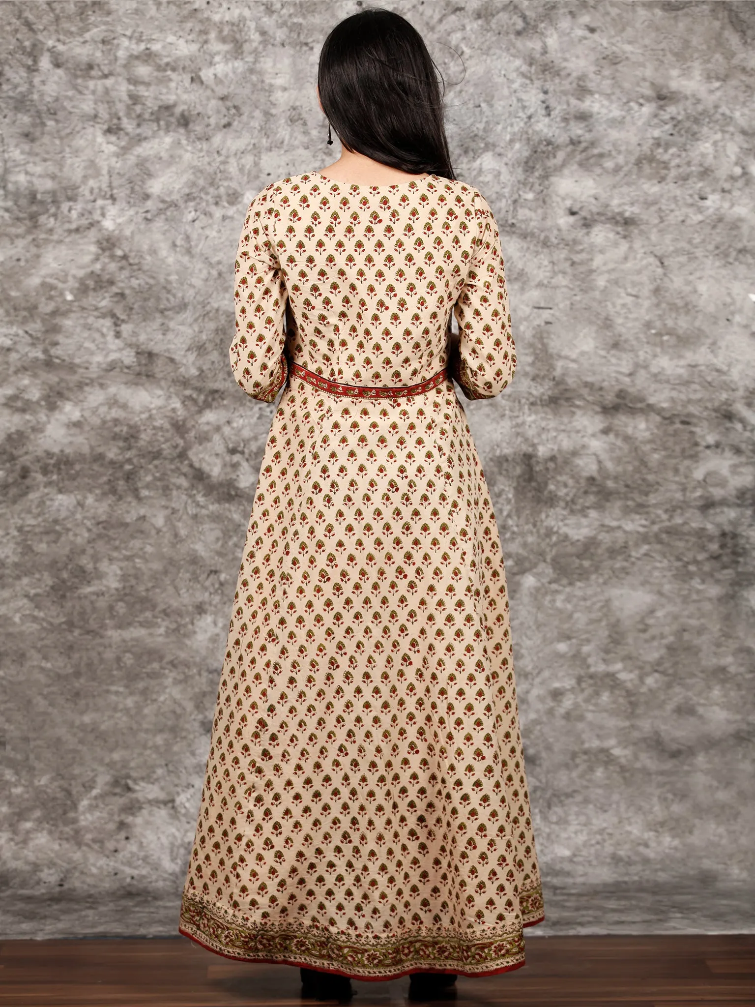 Naaz Aayna - Beige Rust Green Black Hand Block Printed Long Cotton Kali Dress With Full Lining - DS57F001