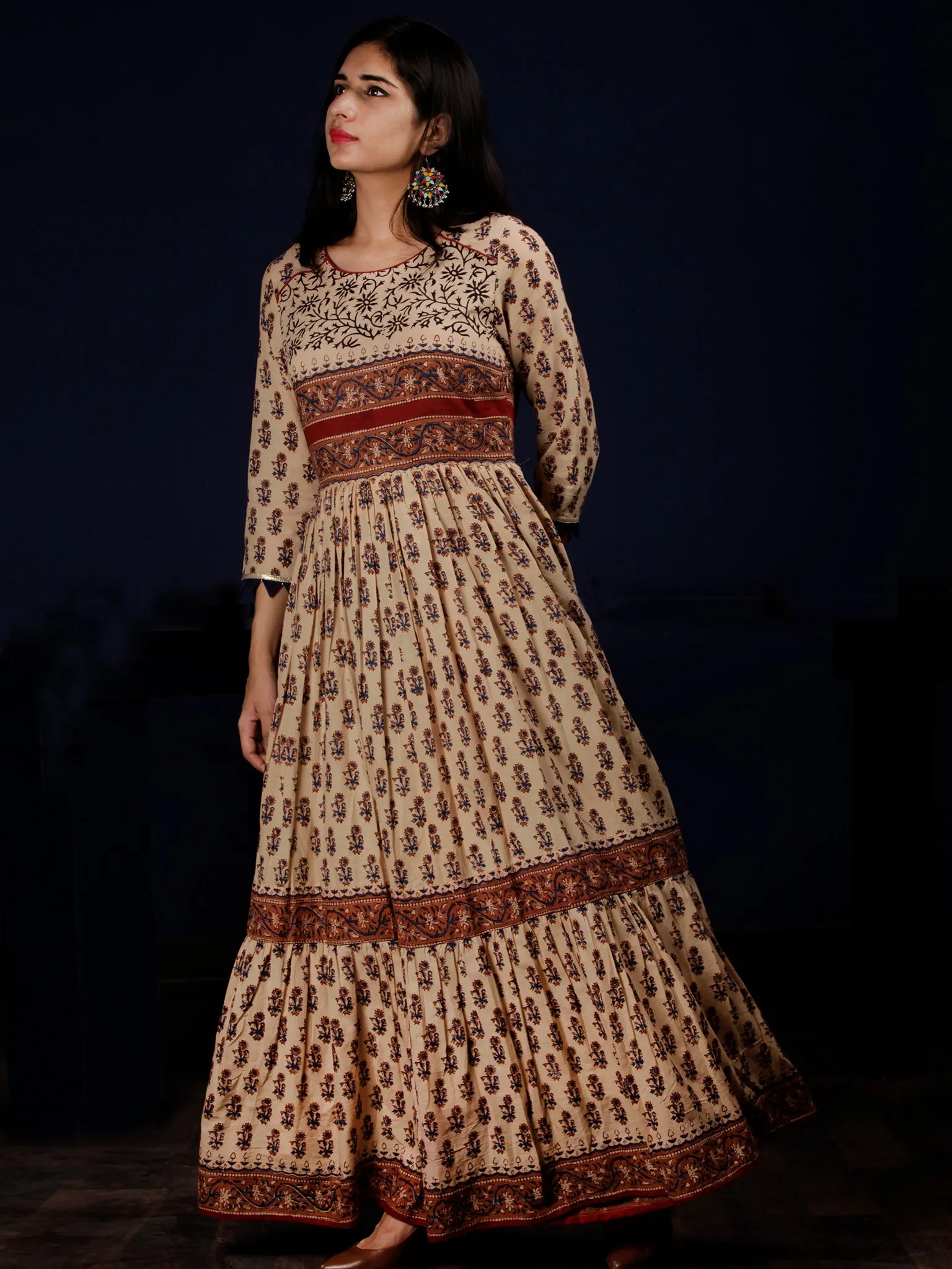 Naaz Beige Rust Blue Brown Black Hand Block Printed Long Cotton Tier Dress - DS63F001