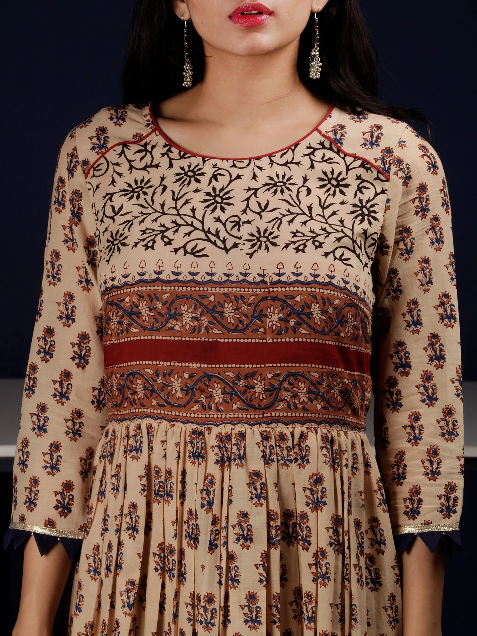 Naaz Beige Rust Blue Brown Black Hand Block Printed Long Cotton Tier Dress - DS63F001