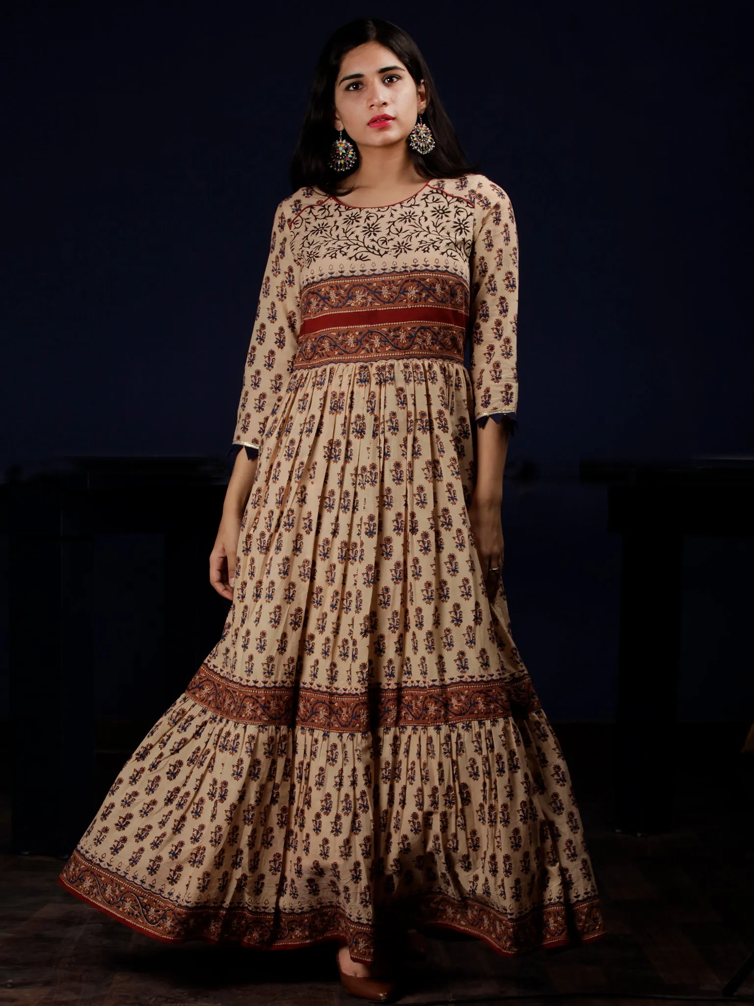 Naaz Beige Rust Blue Brown Black Hand Block Printed Long Cotton Tier Dress - DS63F001