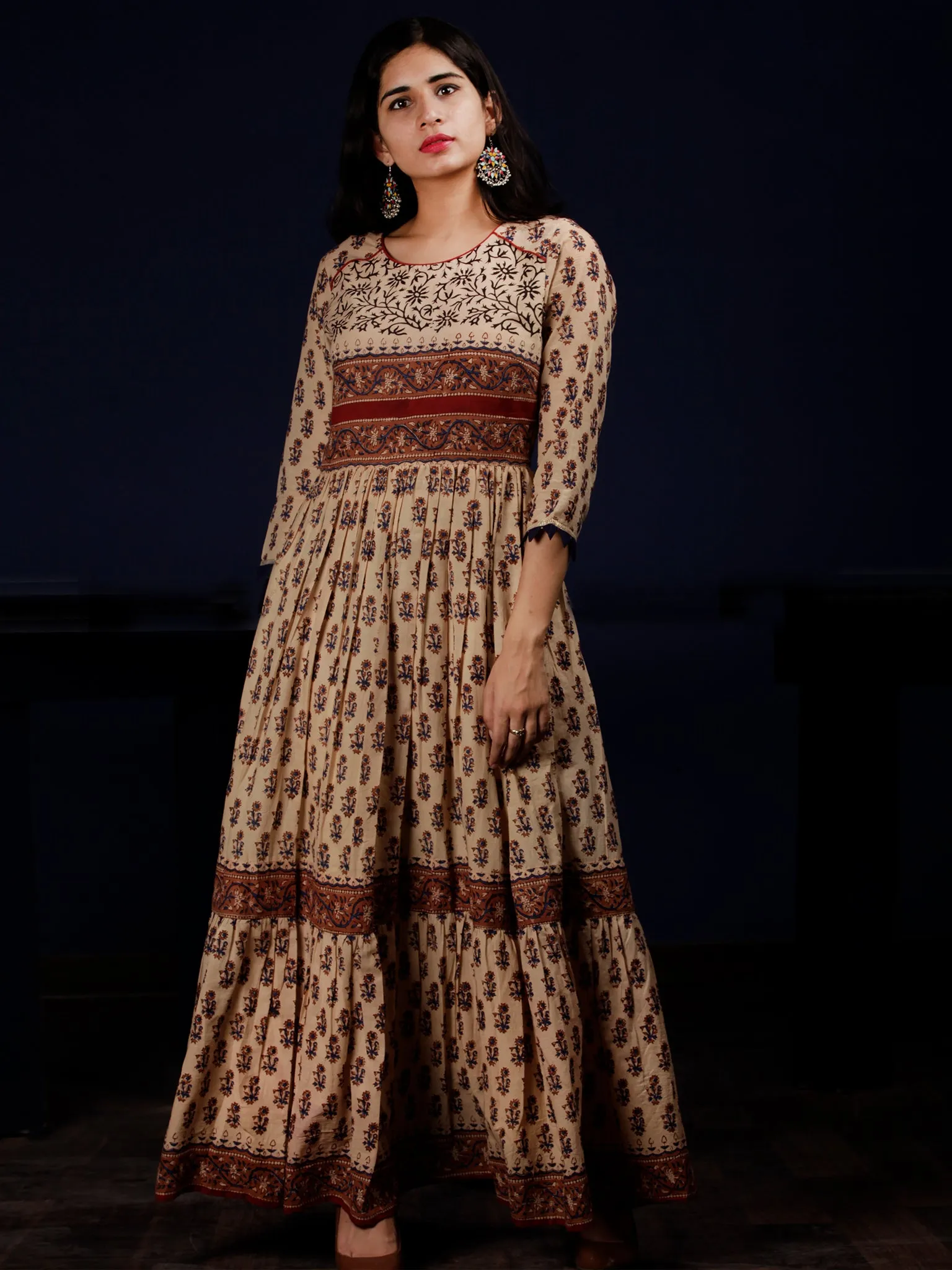 Naaz Beige Rust Blue Brown Black Hand Block Printed Long Cotton Tier Dress - DS63F001