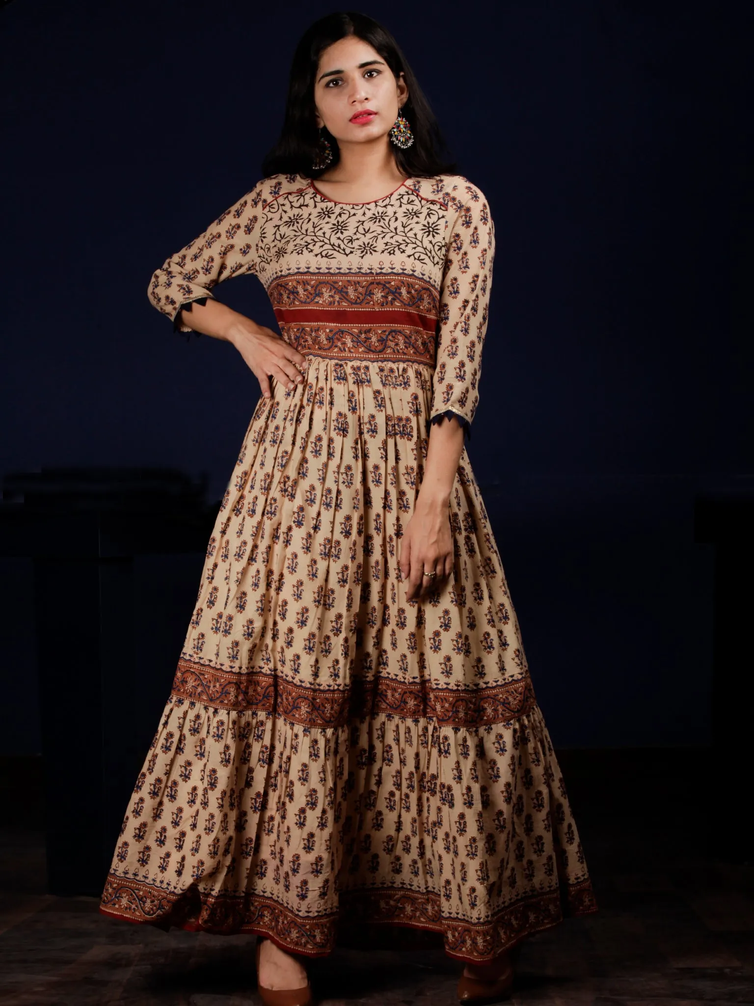 Naaz Beige Rust Blue Brown Black Hand Block Printed Long Cotton Tier Dress - DS63F001