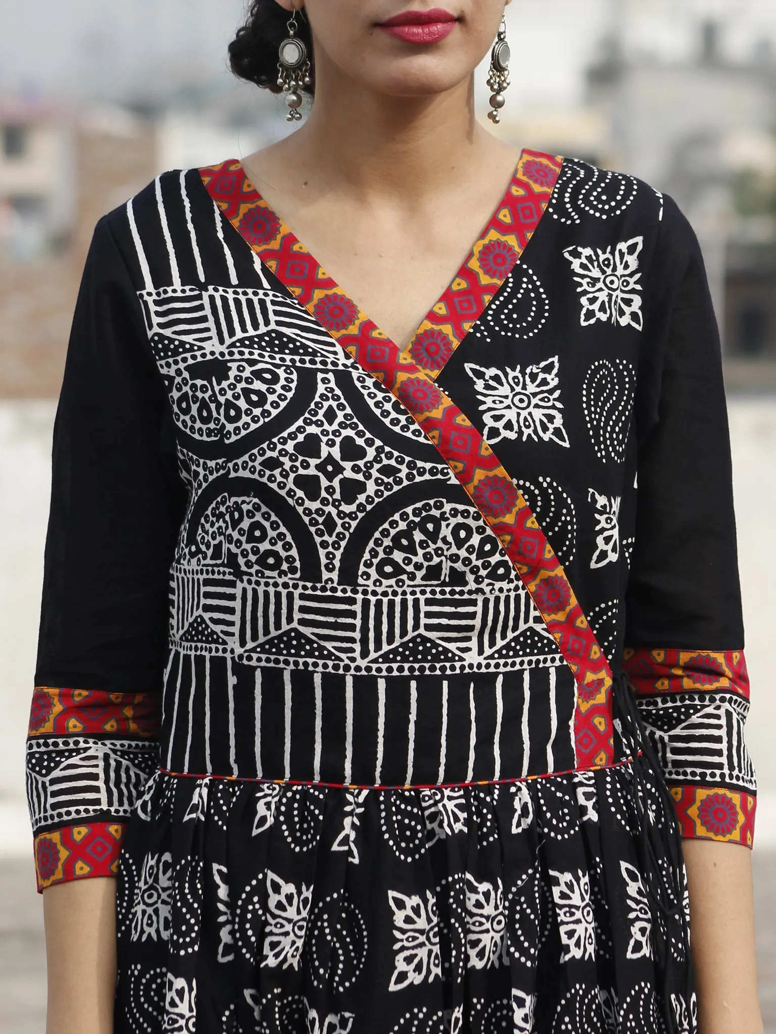 Naaz Black White Maroon Orange Hand Block Printed Angrakha Dress With Gathers -  DS19FS20