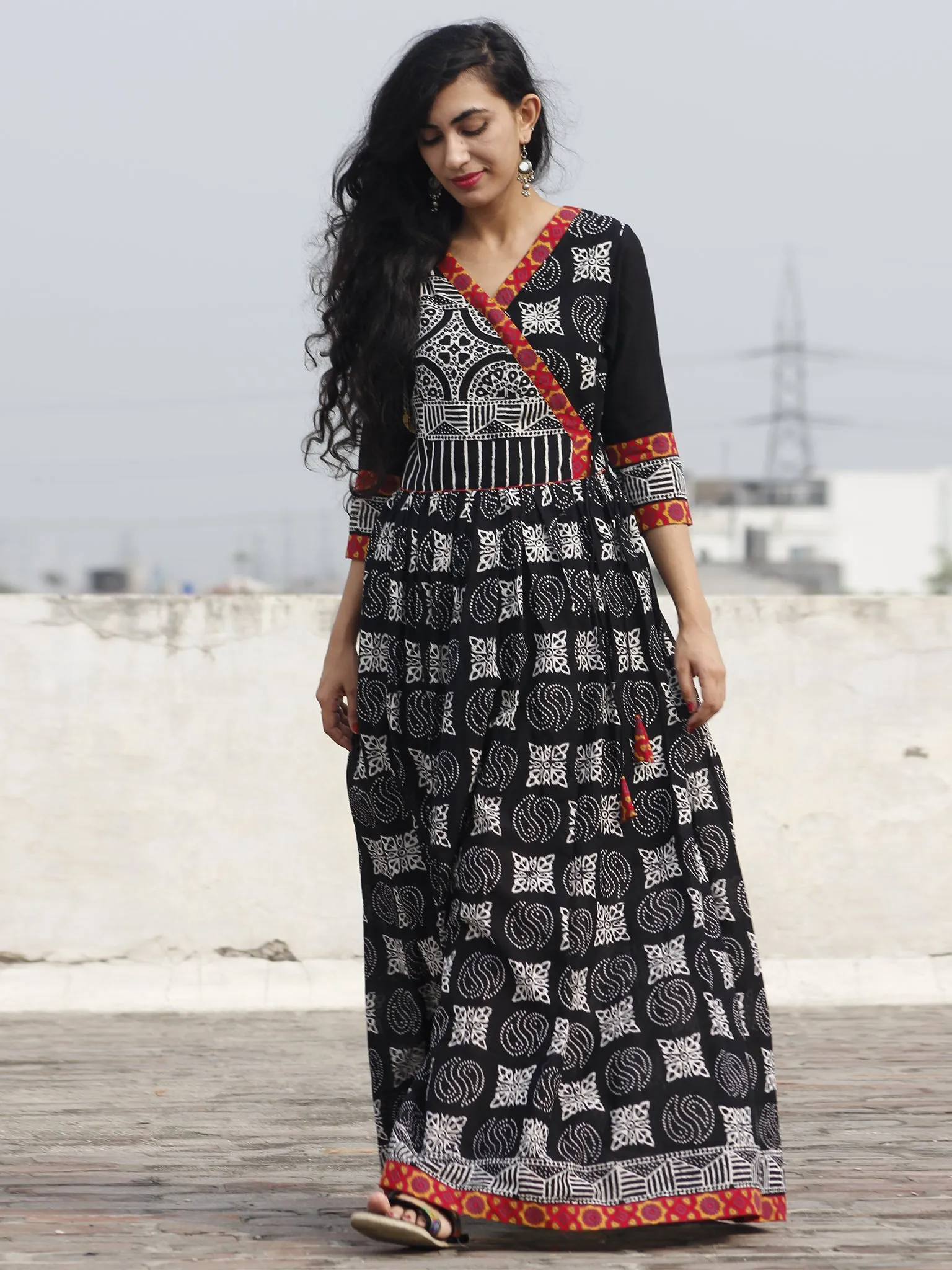 Naaz Black White Maroon Orange Hand Block Printed Angrakha Dress With Gathers -  DS19FS20