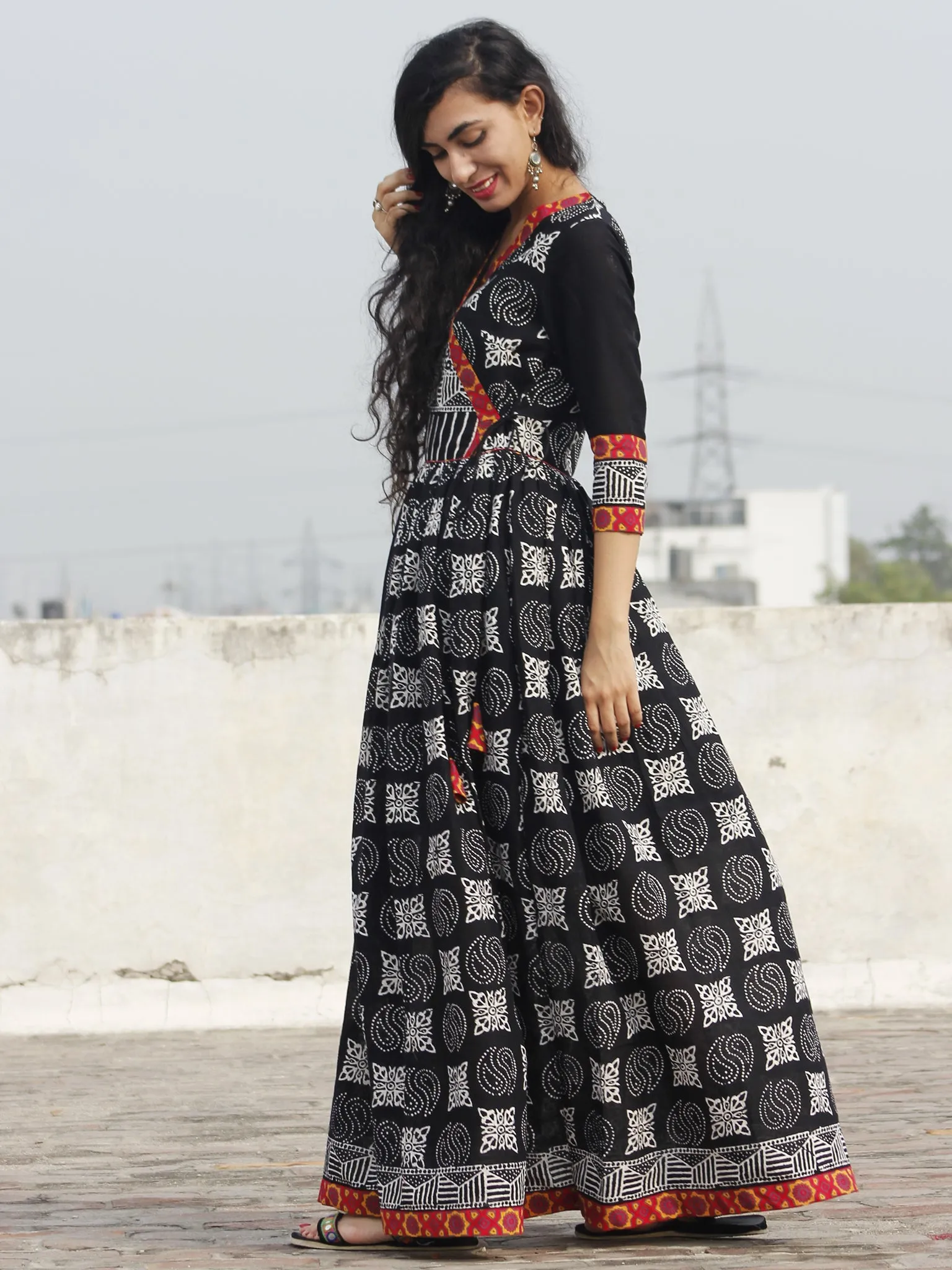 Naaz Black White Maroon Orange Hand Block Printed Angrakha Dress With Gathers -  DS19FS20