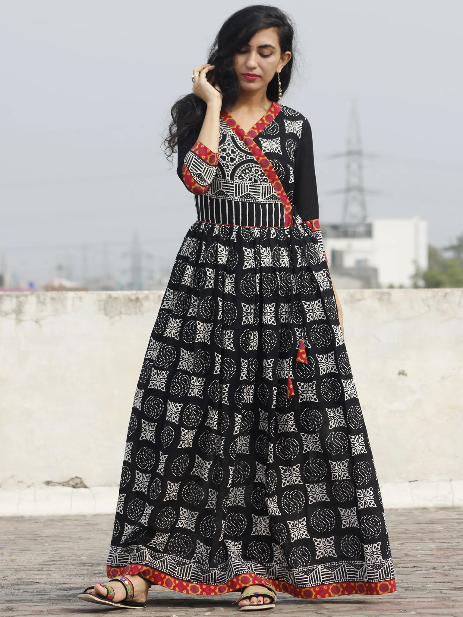 Naaz Black White Maroon Orange Hand Block Printed Angrakha Dress With Gathers -  DS19FS20